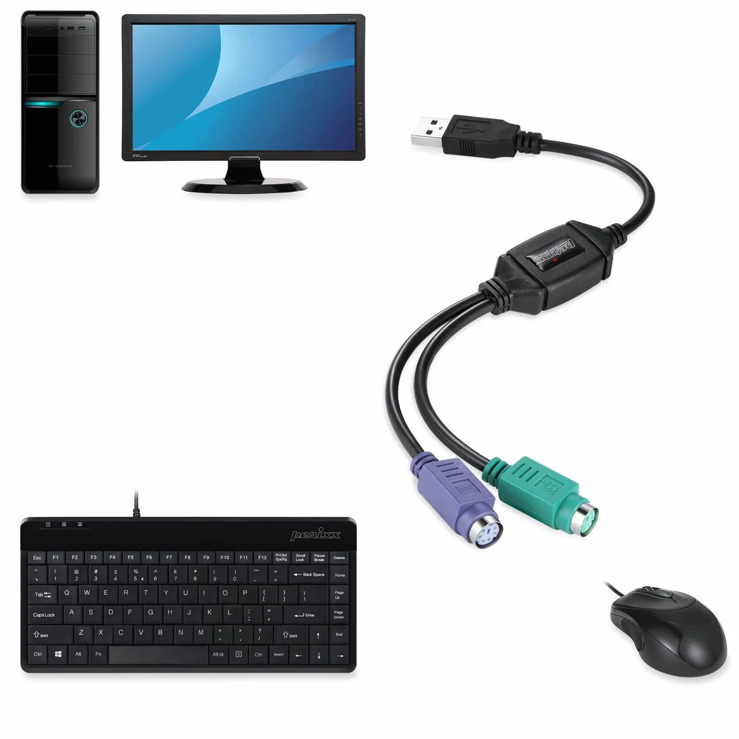 Perixx PERIPRO-401 Cavo da PS2 a USB, per tastiera e mouse con interfaccia PS2, supporta lo switch KVM, con USB IC integrato
