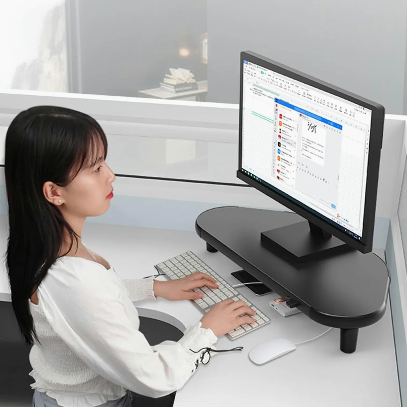 Supporto for monitor triangolare nero, supporto universale for scrivania angolare con porta USB, organizer in metallo for da ufficio aperta