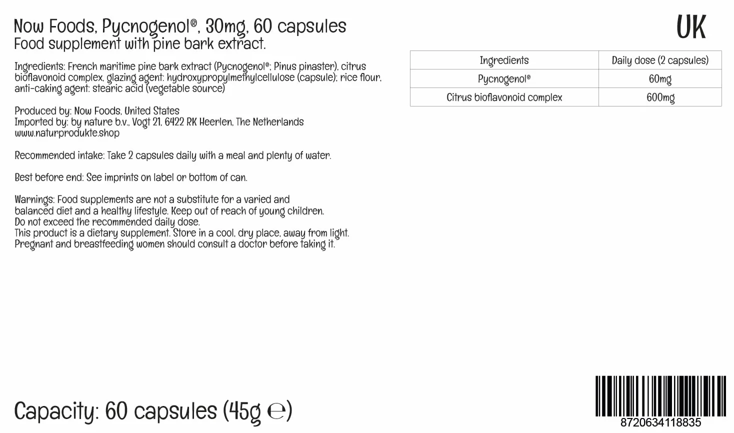 Now Foods Pycnogenol 30 mg Estratto di Corteccia di Pino 60 Capsule vegane