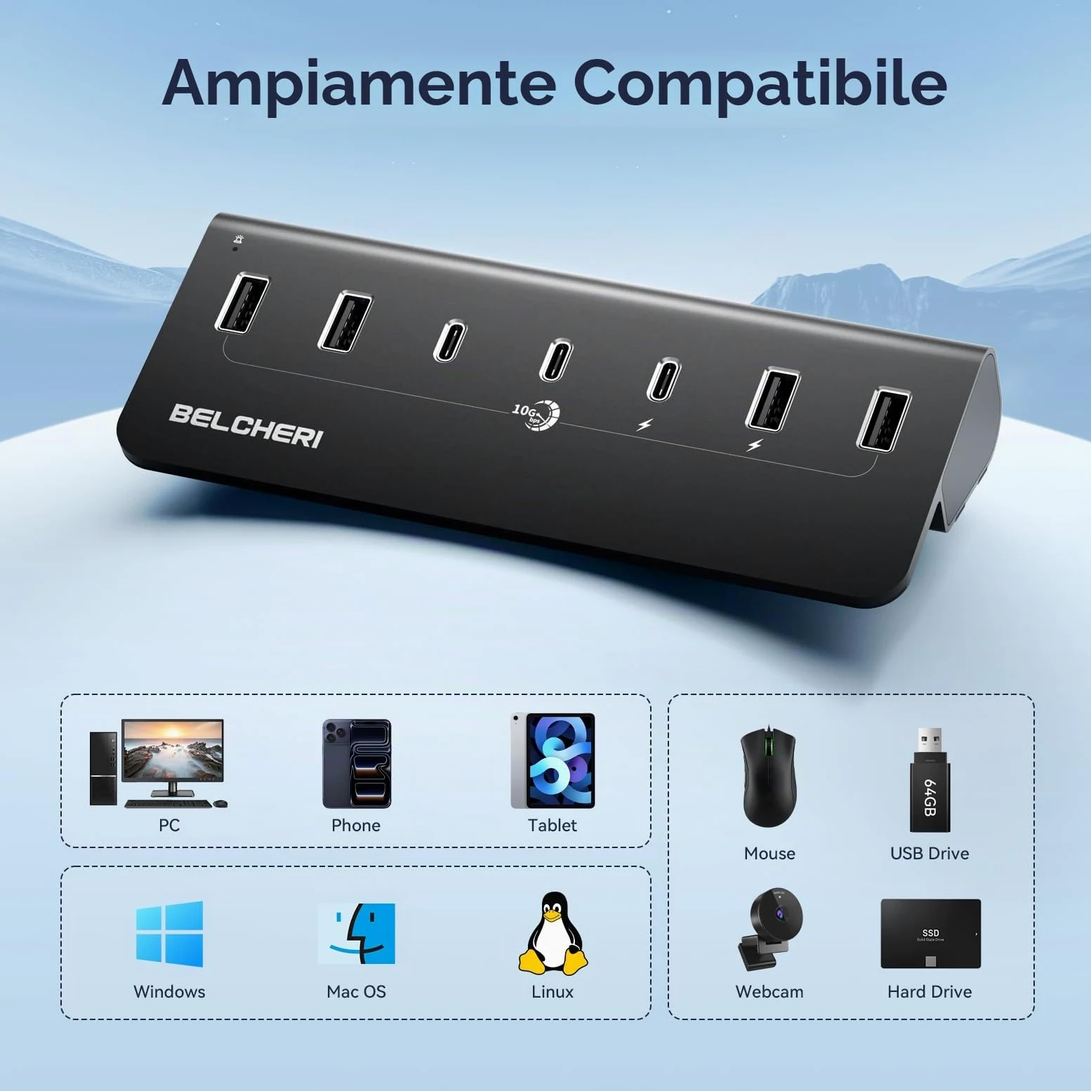 Hub USB C a 7 porte con alimentatore, USB 3.2 Gen 2, 10 Gbit/s ad hub, splitter di prolunga in alluminio con alimentatore da 5 V 3 A, 3 porte USB C e 4 porte USB-A, supporta la ricarica BC1.2