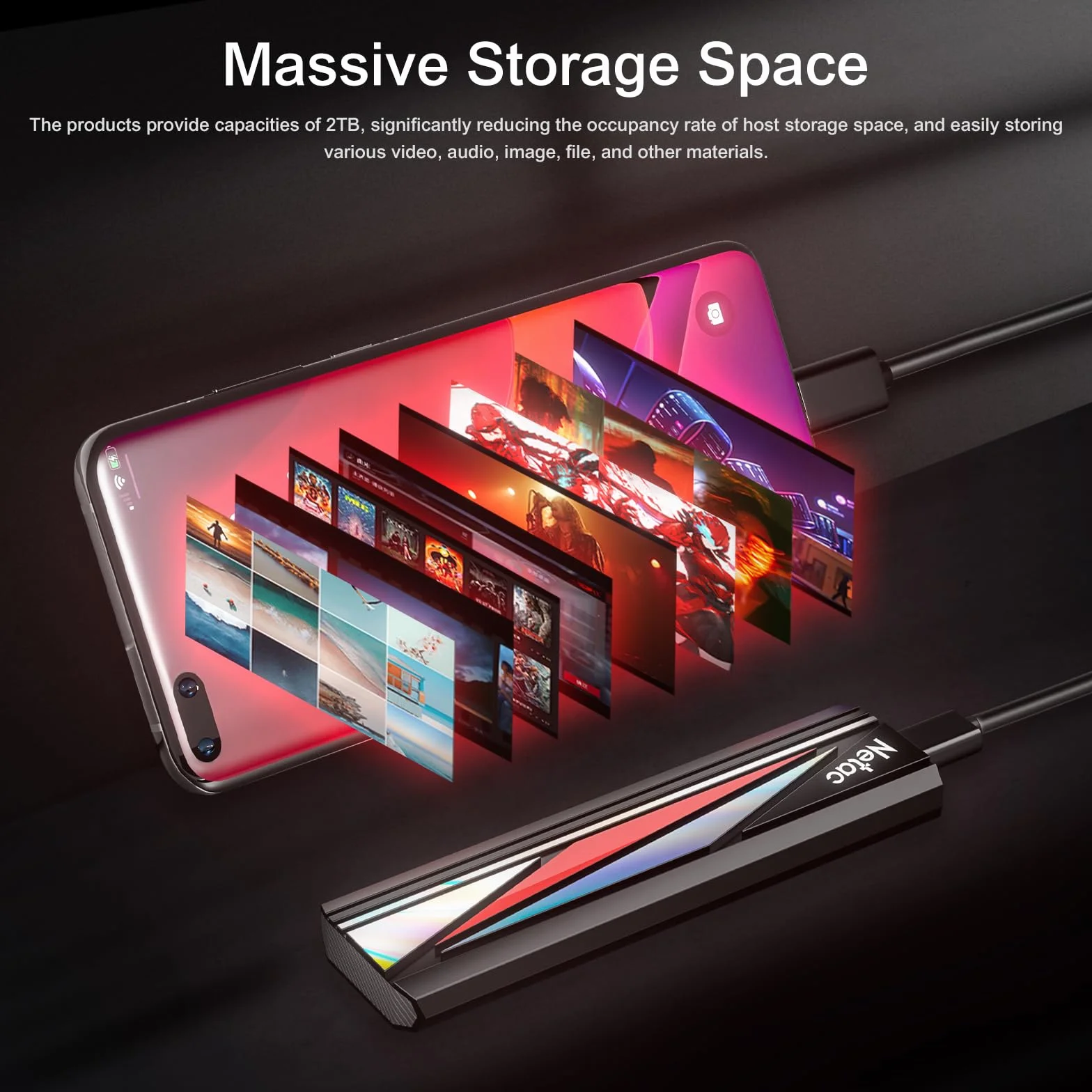 Netac SSD esterno portatile da 2 TB, fino a 2000 MB/s di lettura/scrittura, unità esterna a stato solido USB3.2 Gen2 x 2