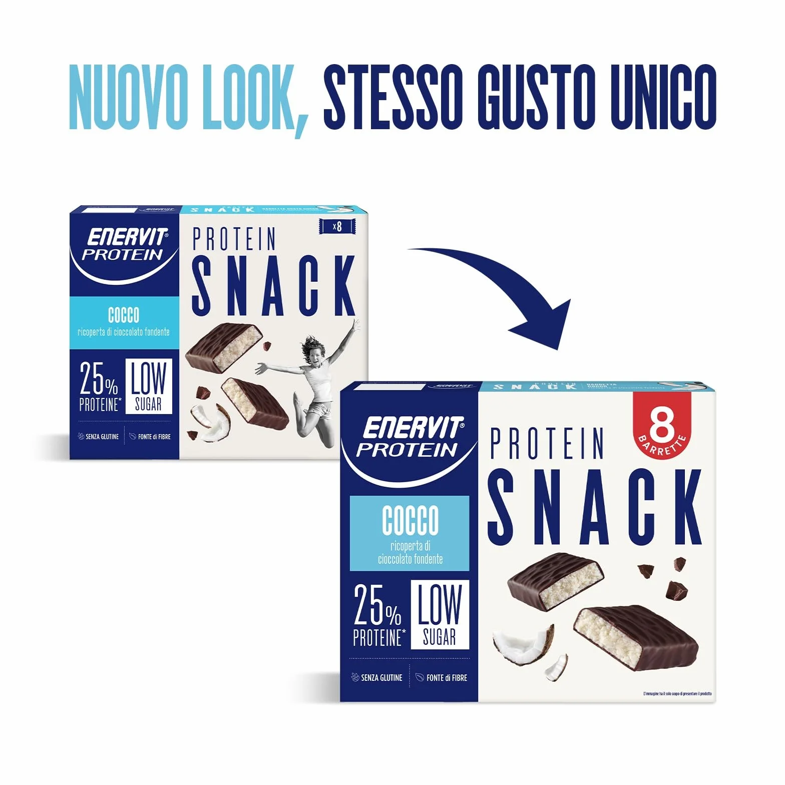 Enervit Protein Snack al Cocco e Cioccolato Fondente, Barrette Proteiche Low Sugar, 8 x 27g