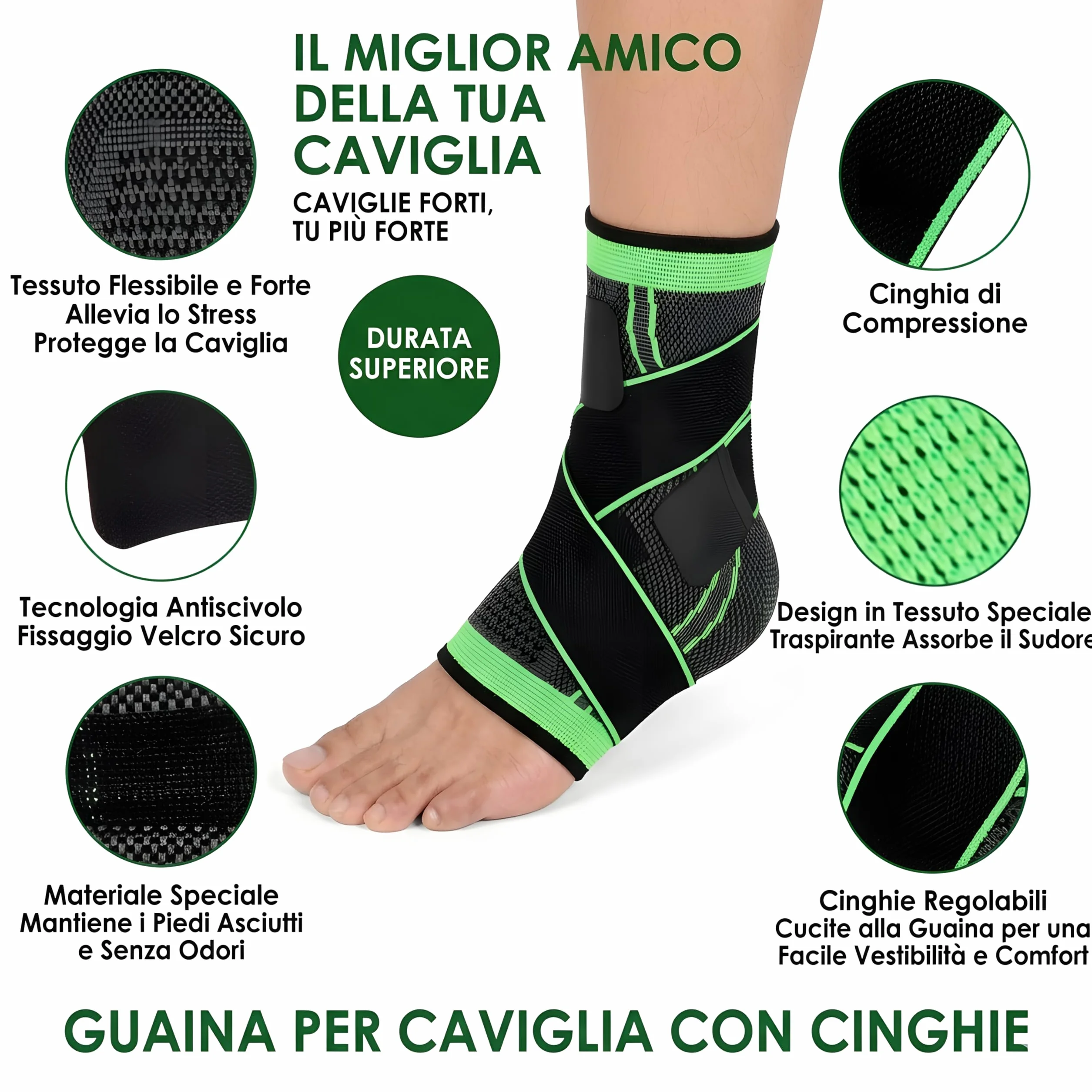 Tutore Caviglia Professionale a Compressione Graduata con Fasce Elastiche Regolabili – Traspirante e Antiscivolo per Distorsioni e Recupero