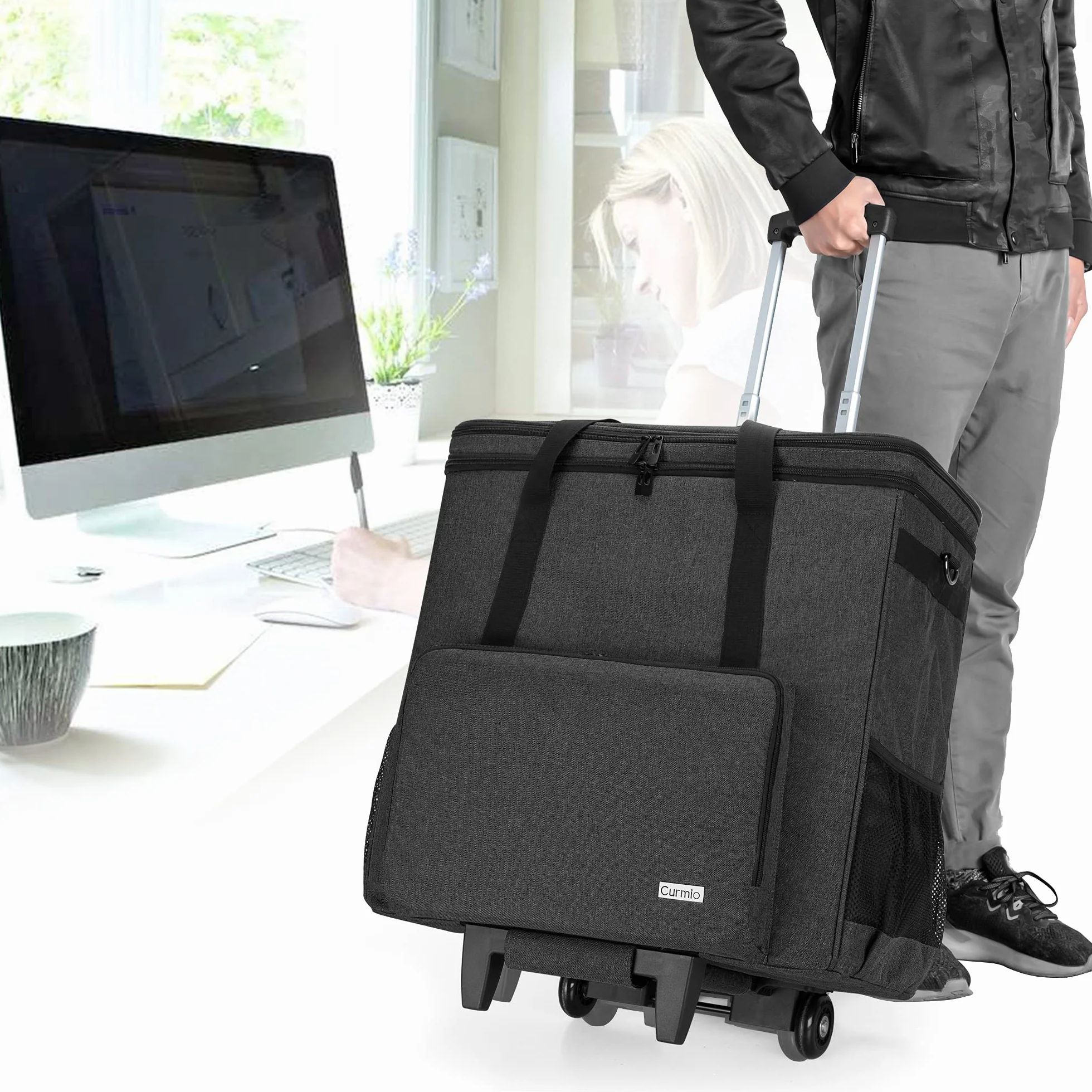 CURMIO Borsa da viaggio per computer a doppio strato con carrello rimovibile, Nero