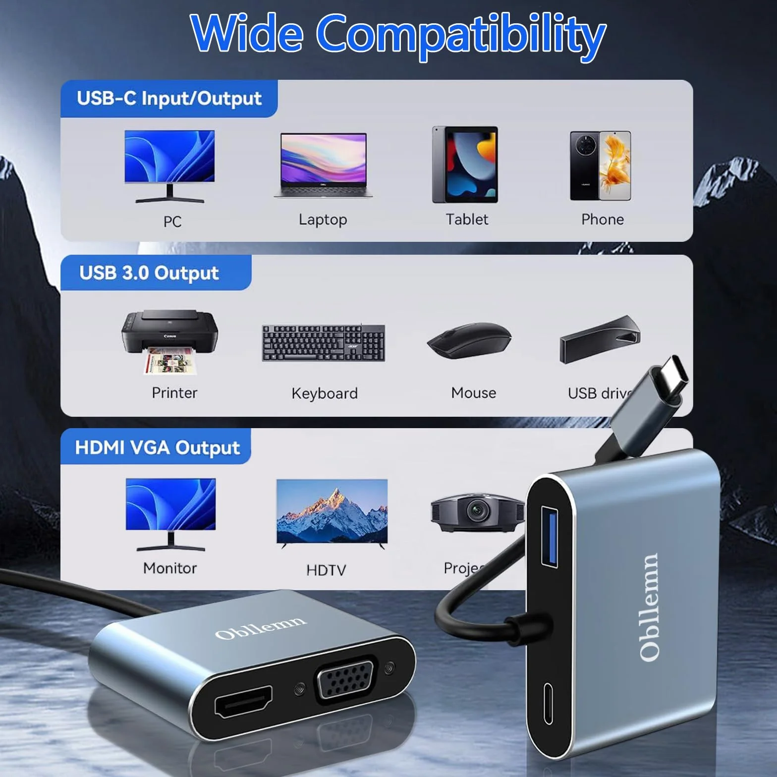 Adattatore USB C a HDMI VGA 4K 30Hz 4 in 1 Multiporta Thunderbolt 3 con USB 3.0 PD 100W per MacBook Pro/Air