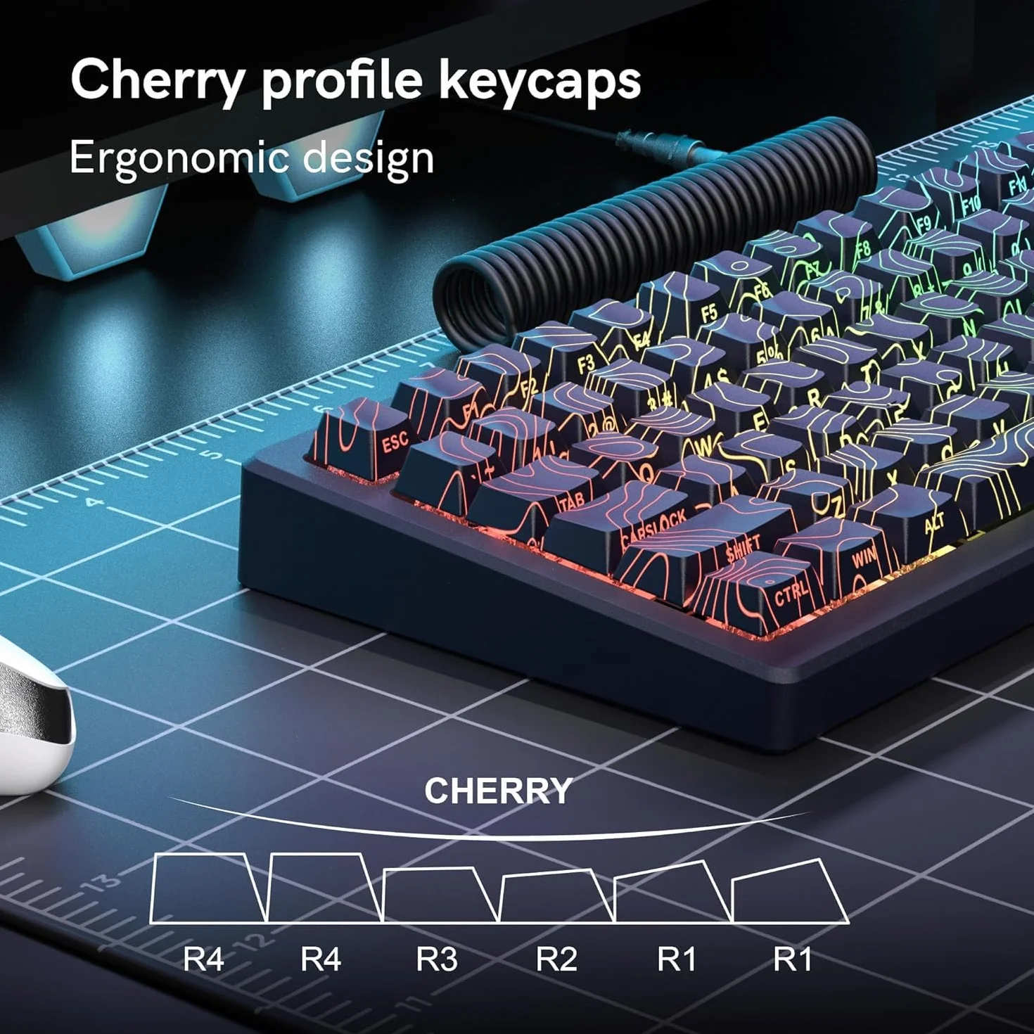 Tasti in PBT, topografici neri 60 75%, retroilluminati, tasti Shine Through, profili Cherry stampati lateralmente per tastiera 100%, 75%, 65%, 60% ANSI US (solo tasti)