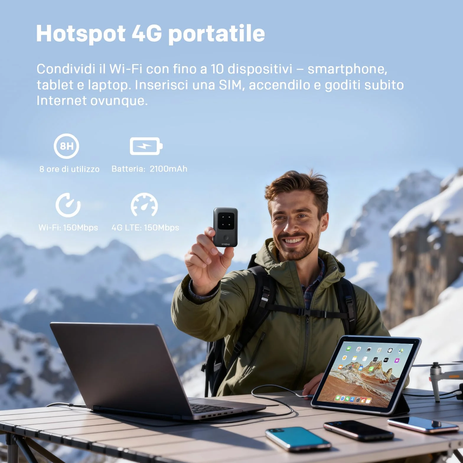 STRONG 4G AIRSPOT 210 Saponetta WiFi Portatile 4G LTE CAT4 150Mbps Hotspot Tascabile Fino a 10 Dispositivi Batteria Ricaricabile USB-C Power Bank