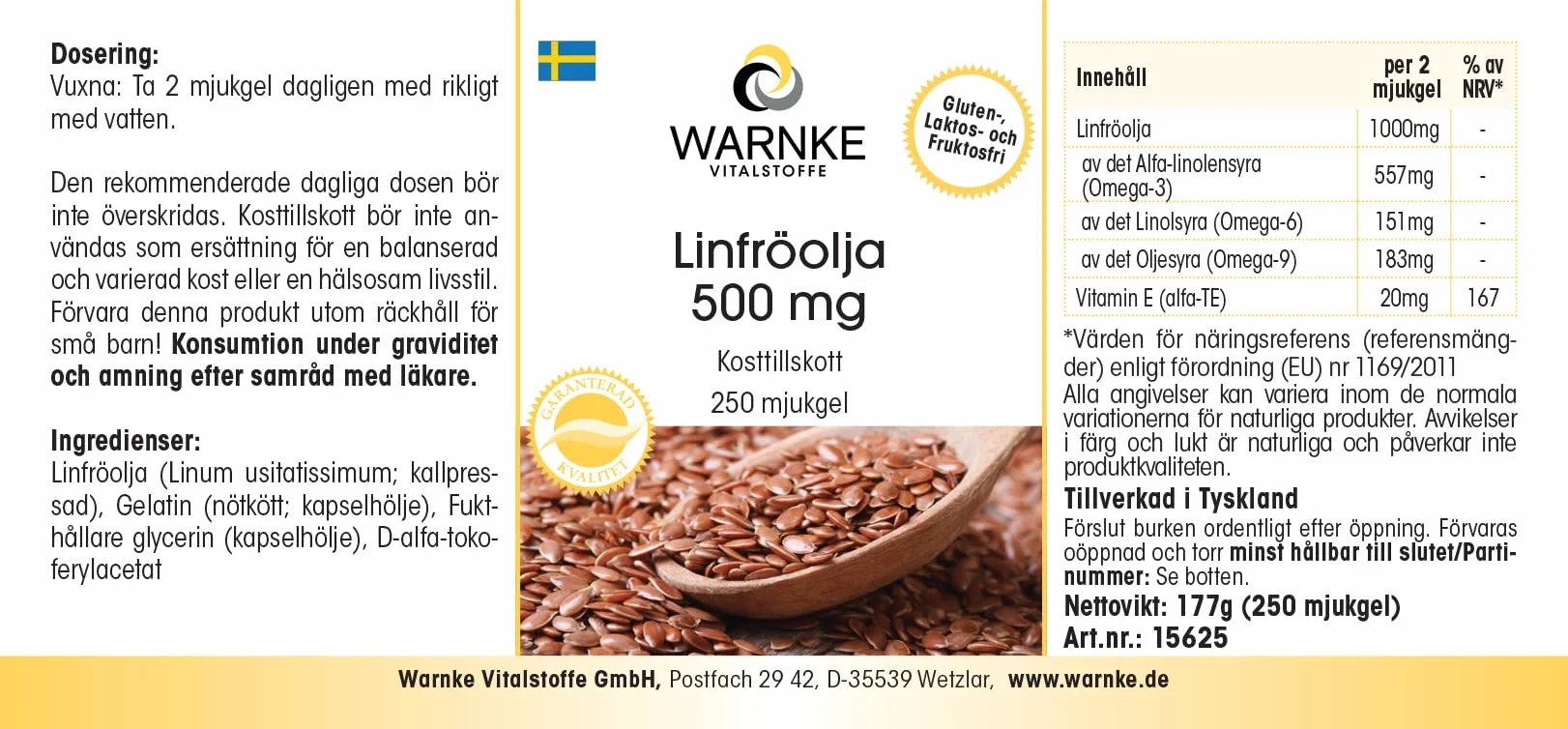 Olio di lino puro 500mg Alpha acido liponico Omega 3-250 Softgel Vitamina E Warnke Vitalstoffe