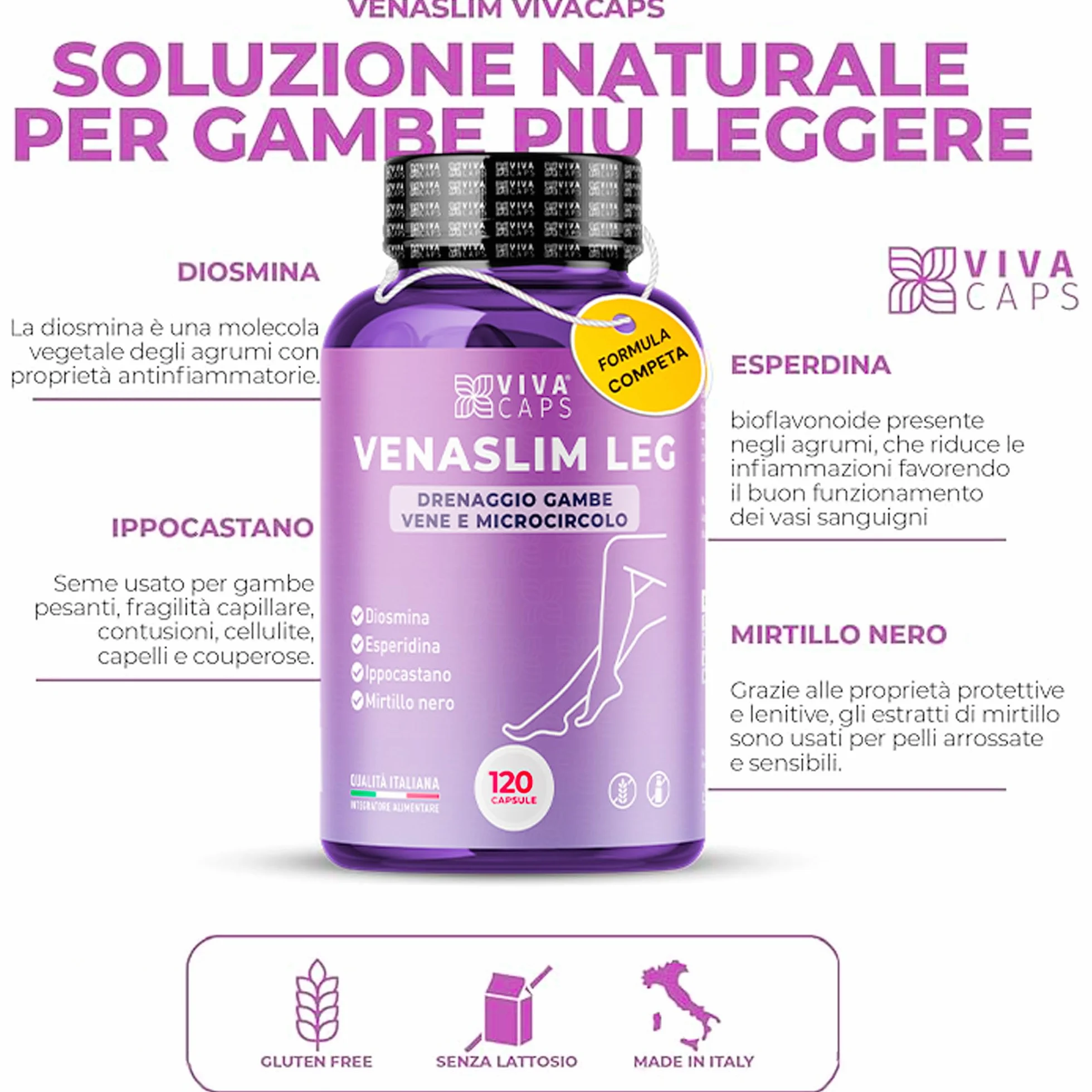 Drenante Gambe Gonfie con Diosmina Esperidina Alto Dosaggio - Integratore Alimentare per Circolazione Gambe 120Cps