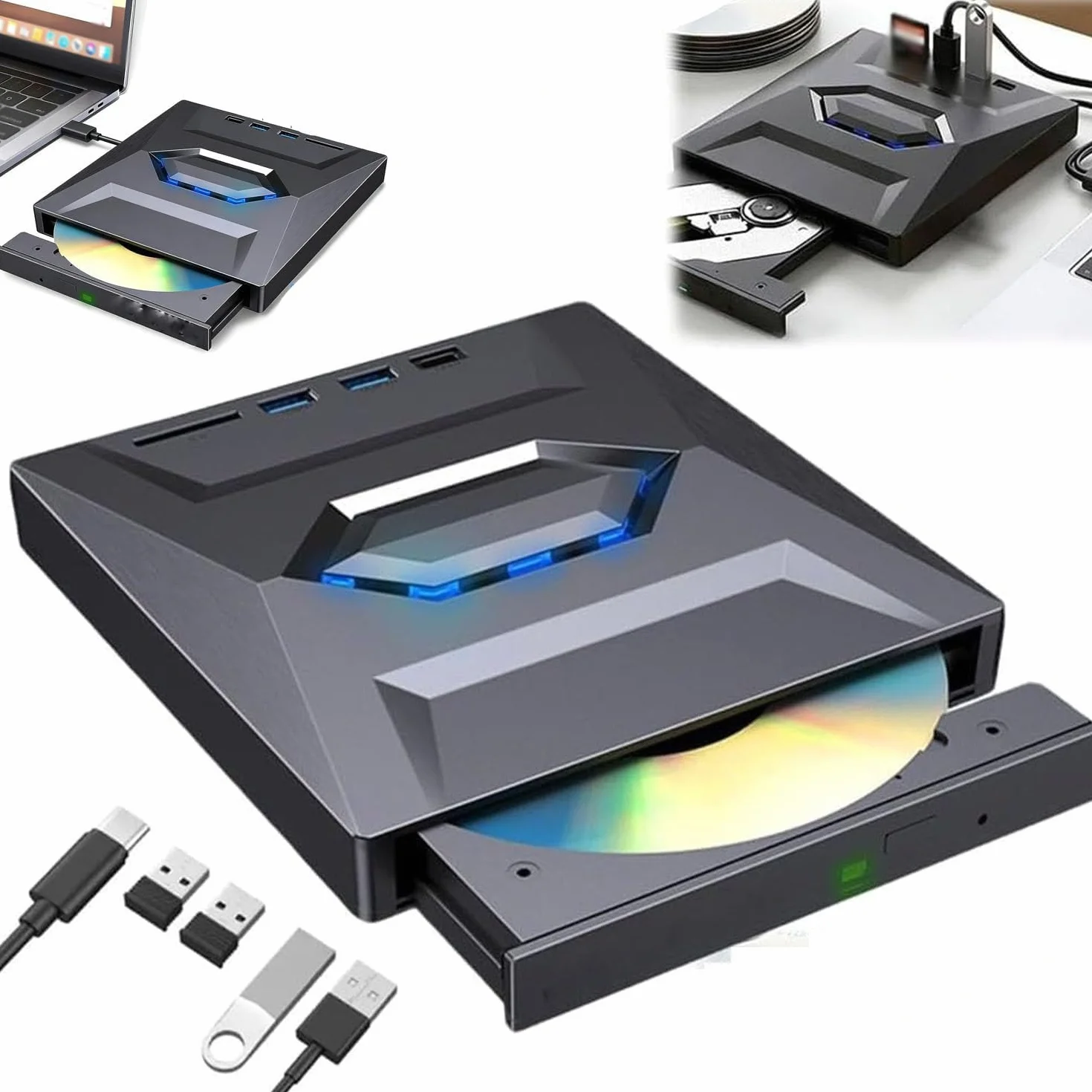 Lettore DVD esterno 7 in 1 e lettore Blu-ray, USB C 3.0 Tipo-C portatile, masterizzatore BD/DVD/CD con 3 porte USB Hub e lettore di schede SD/TF, unità ottica Blu-ray 6X per computer portatile (nero)