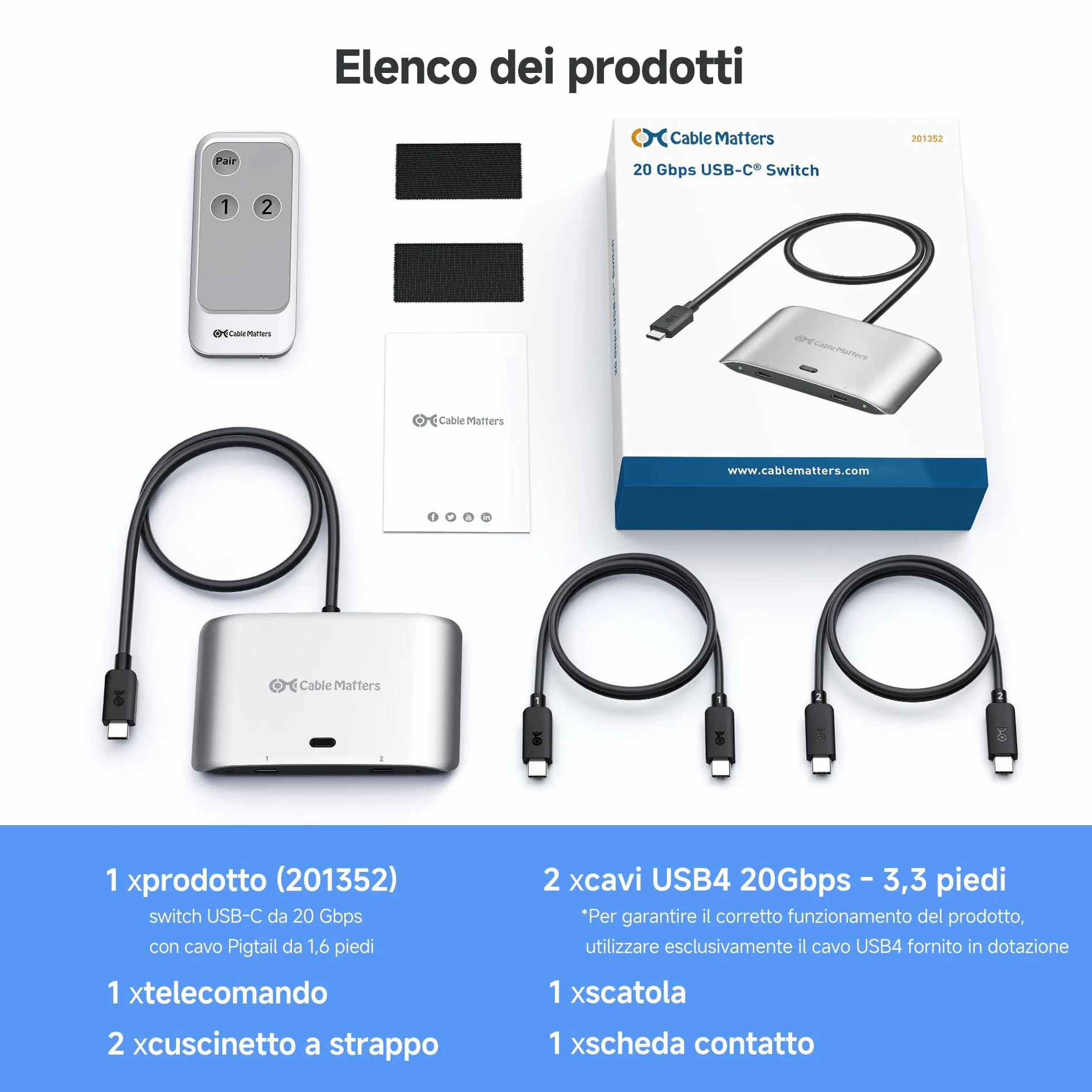 Cable Matters Switch USB C da 20 Gbps per 2 computer, PD da 140 W, fino a 8K@30Hz su Windows, 4K@60Hz su macOS, condivisione di un monitor o dock USB-C/Thunderbolt 4 (non per dock con cavo collegato)