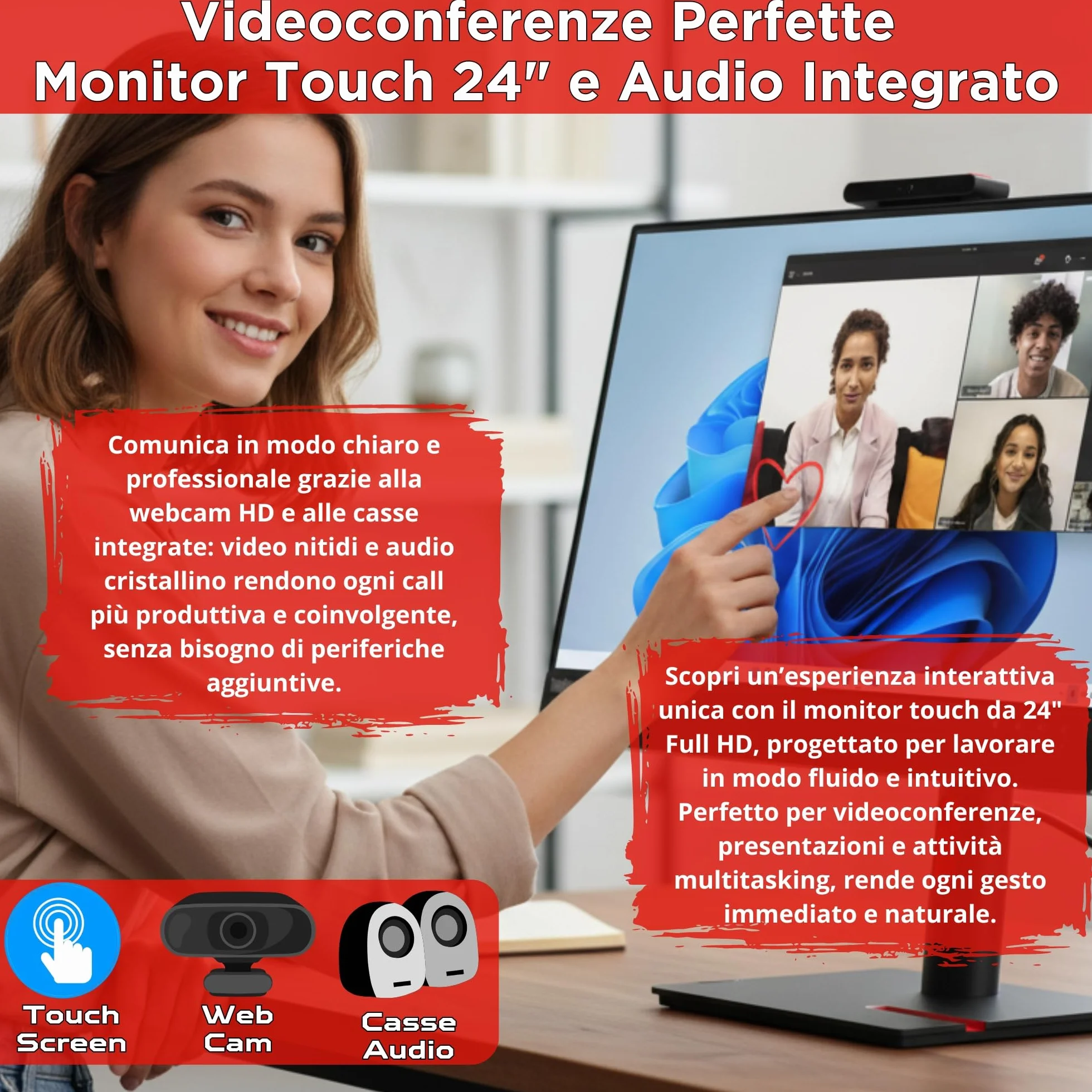 Lenovo All-in-One 24" Touch Screen i5-10500T 3.80GHz 16GB RAM 1000GB SSD Windows 11 Pro Office USB-C Garanzia 36 Mesi