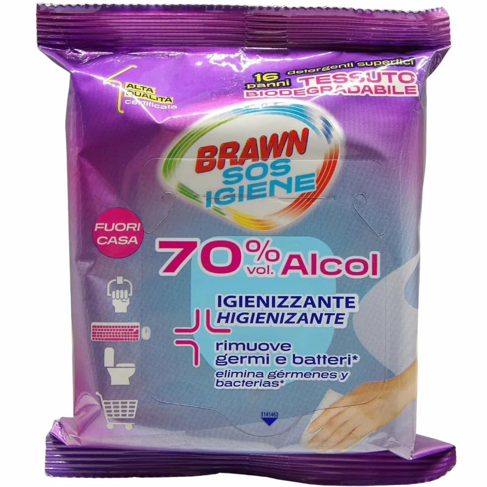 SOS IGIENE Salviette Detergenti Igienizzanti Superfici 70% vol. Alcol, Rimuove Germi e Batteri, Tessuto Biodisgregante (16 Panni)