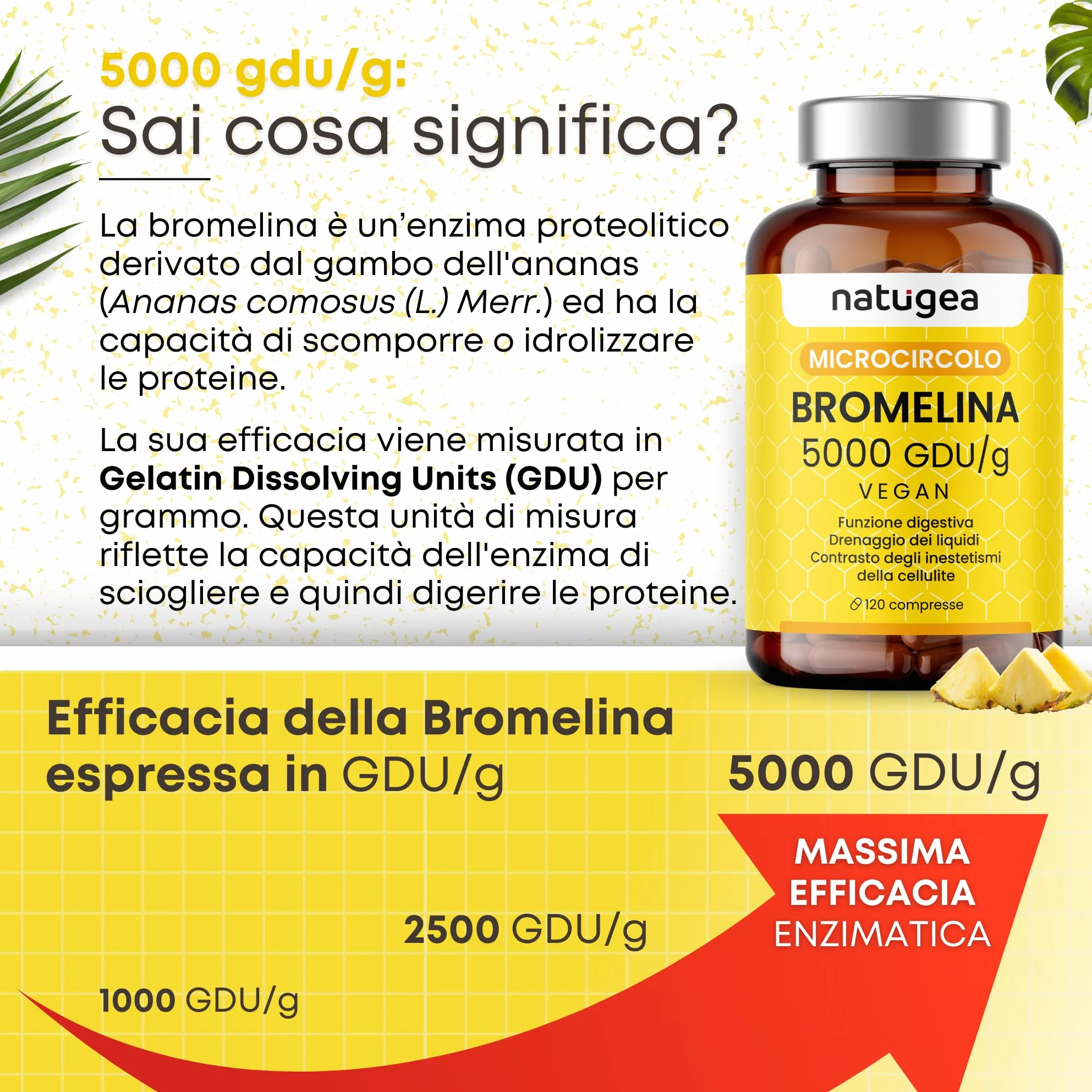 Natugea Bromelina Forte Drenante 5000 GDU/g 10000 FIP 120 Compresse Vegana Detox Anticellulite