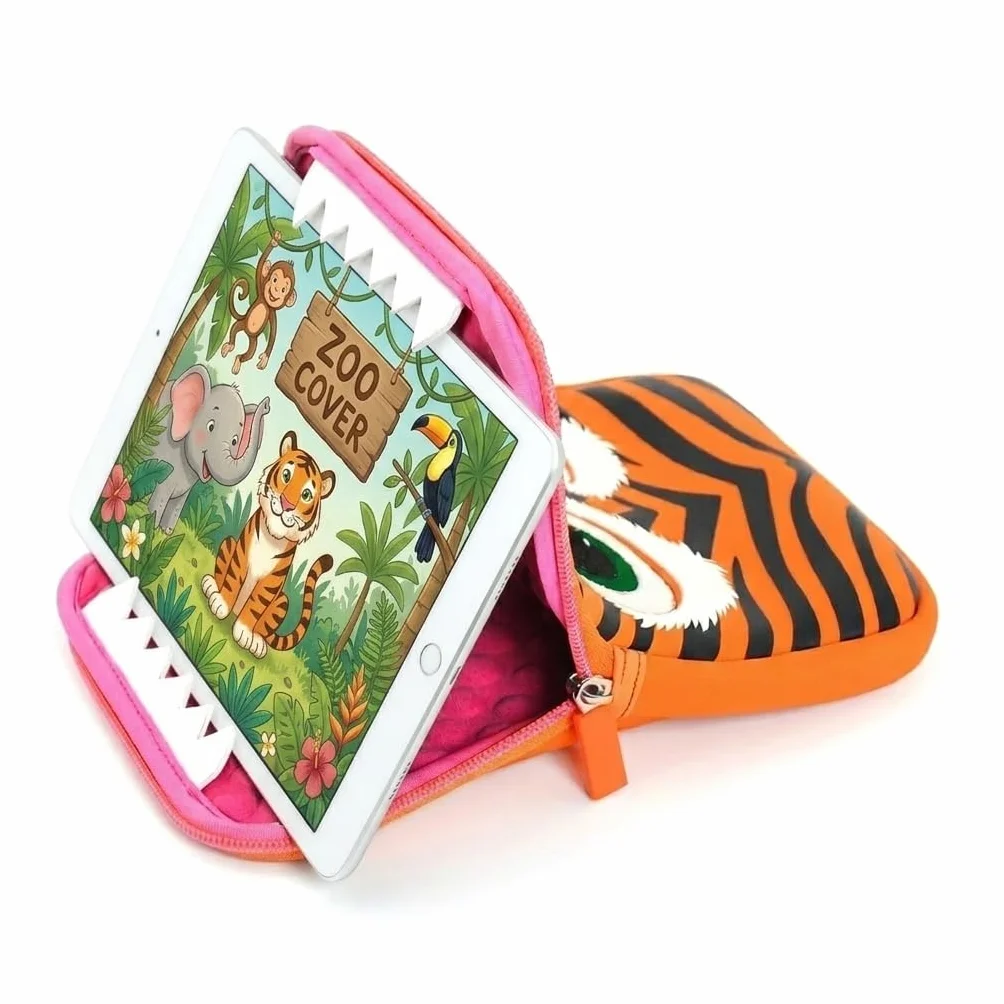 Zoo Cover: Custodia Tablet 10 Pollici Bambini Imbottita Antiurto Morbida Zip Sicura Protezione Completa per Scuola Viaggio (Tigre)