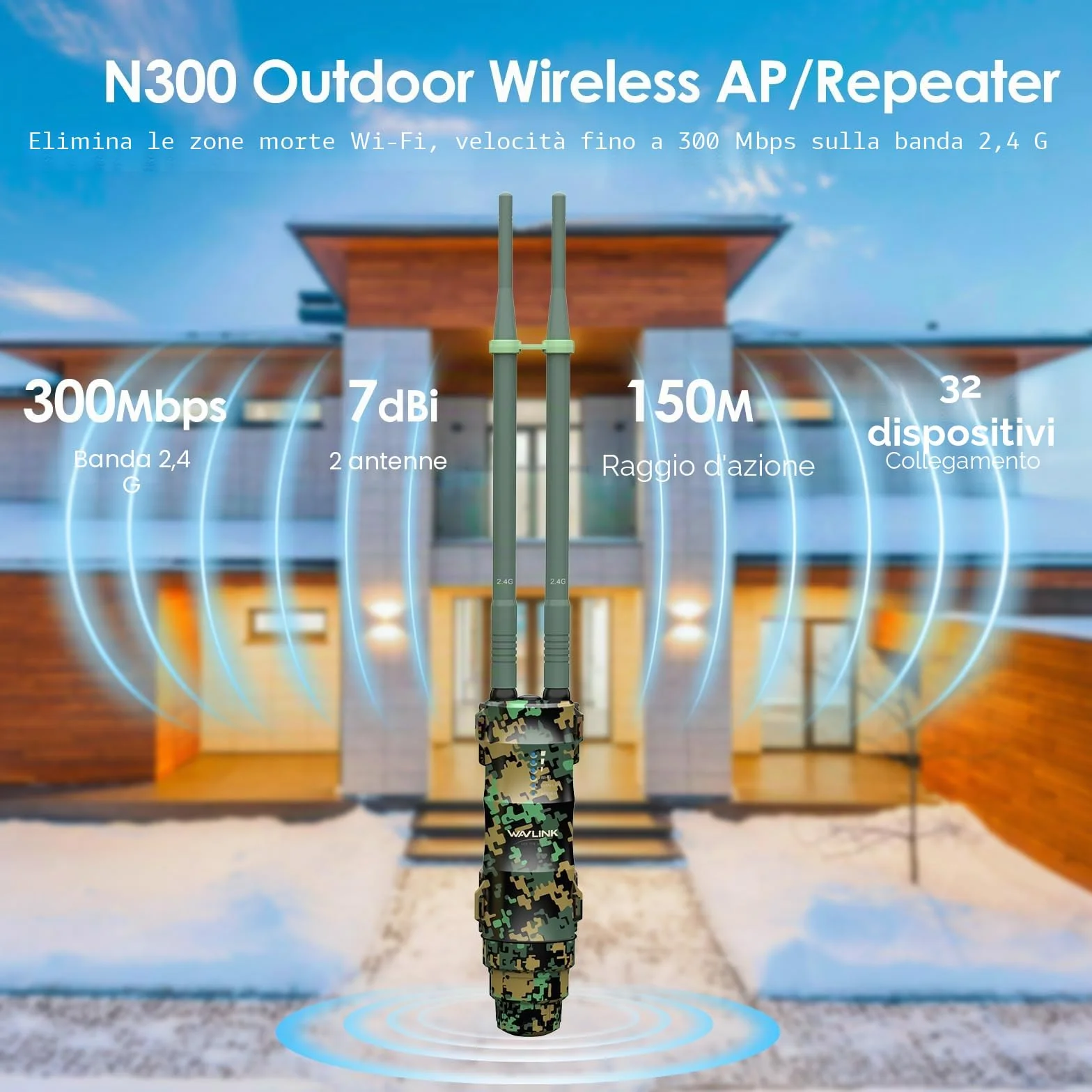 Wavlink N300 Ripetitore WiFi Esterno Potente Antenna Lunga Distanza Cammuffamento - Amplificatore Outdoor PoE Range Extender Access Point - Ideale per Grandi Spazi Remoti