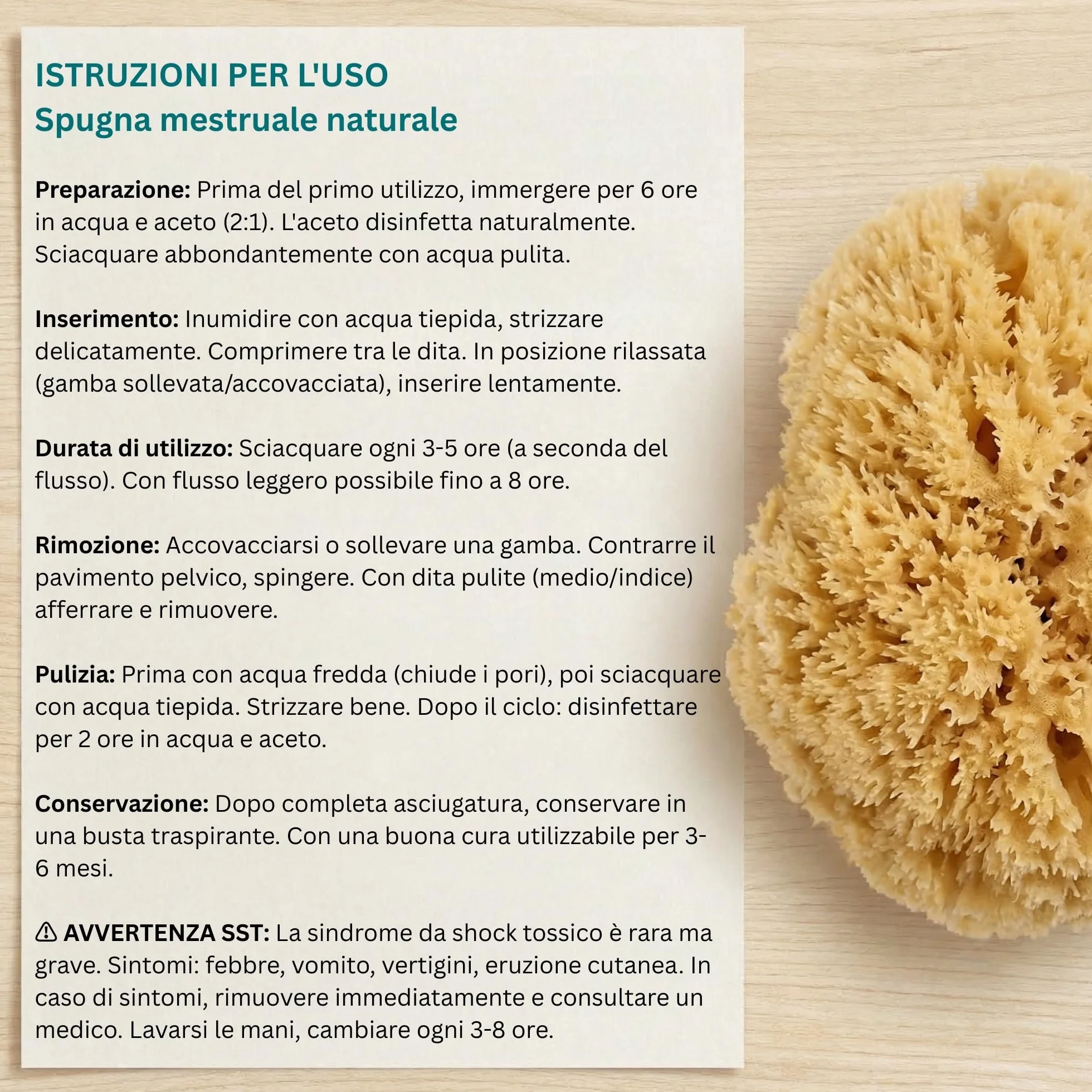 tom&pat Spugna mestruale naturale con filo riutilizzabile e lavabile Taglia S 3 x 3-5 cm