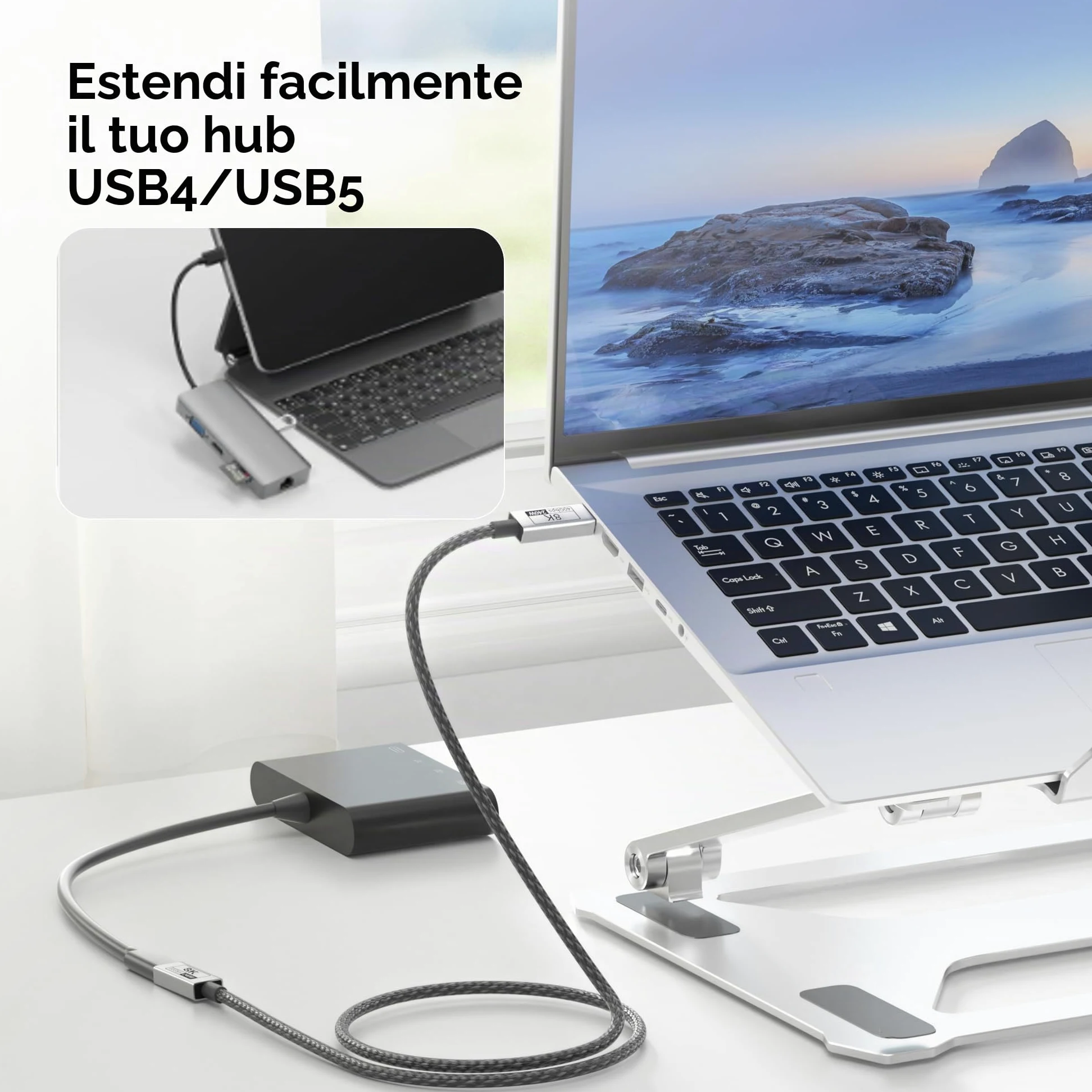 3 M Lungo Cavo Prolunga USB C Compatibile con Thunderbolt 5/4/3,USB-C Maschio-Femmina 40Gbps Trasmissione Dati,240W 5A Ricarica Rapida,8K@120Hz Video per Monitor/Laptop/SSD/Docking.