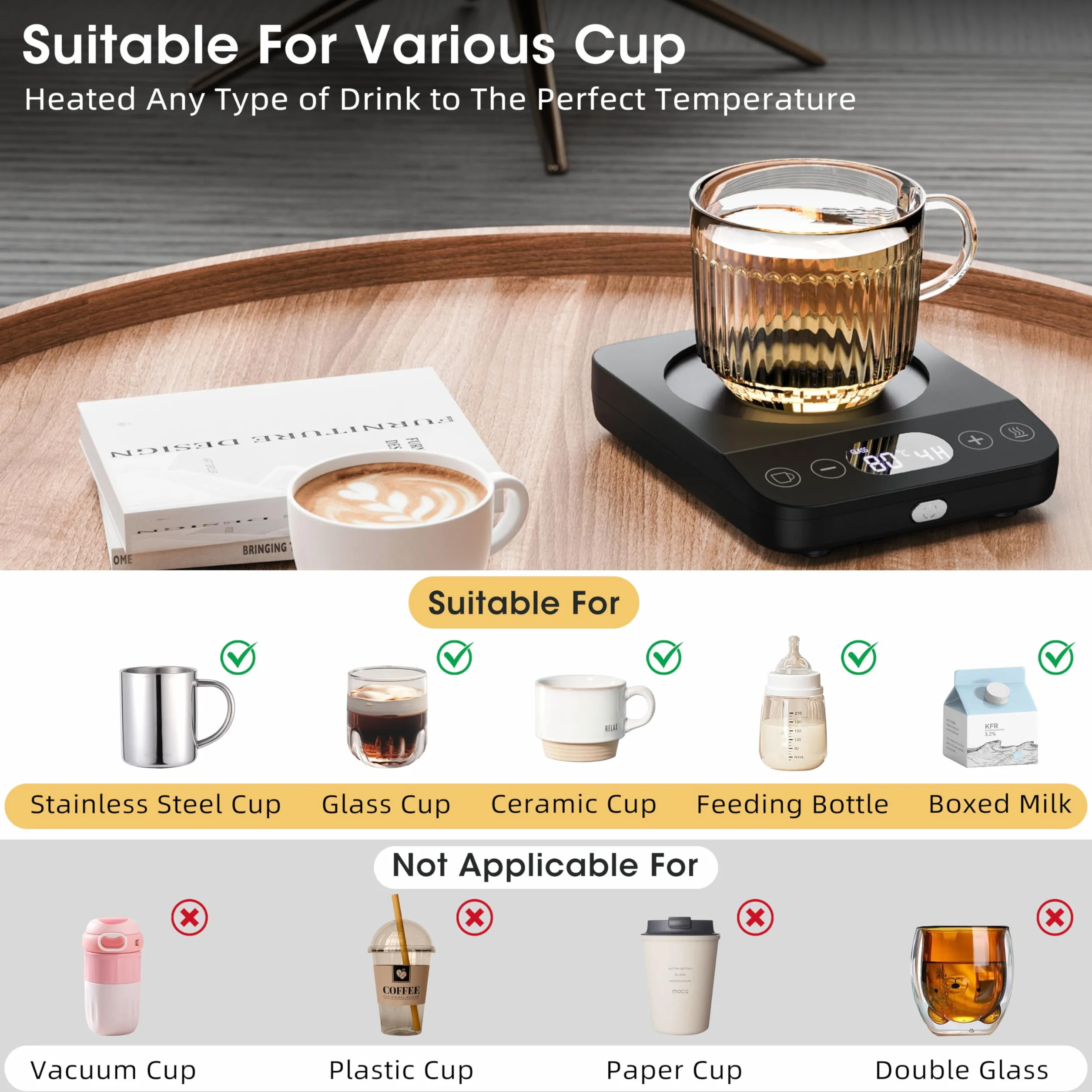 Vexloria Scalda Tazza Elettrico, Scaldatazze da Caffè, Bevande, Tè, Scalda Latte Elettrico Portatile con 9 di Temperatura Modalità Spegnimento Automatico, Scalda Tazza per Ufficio, Casa B01