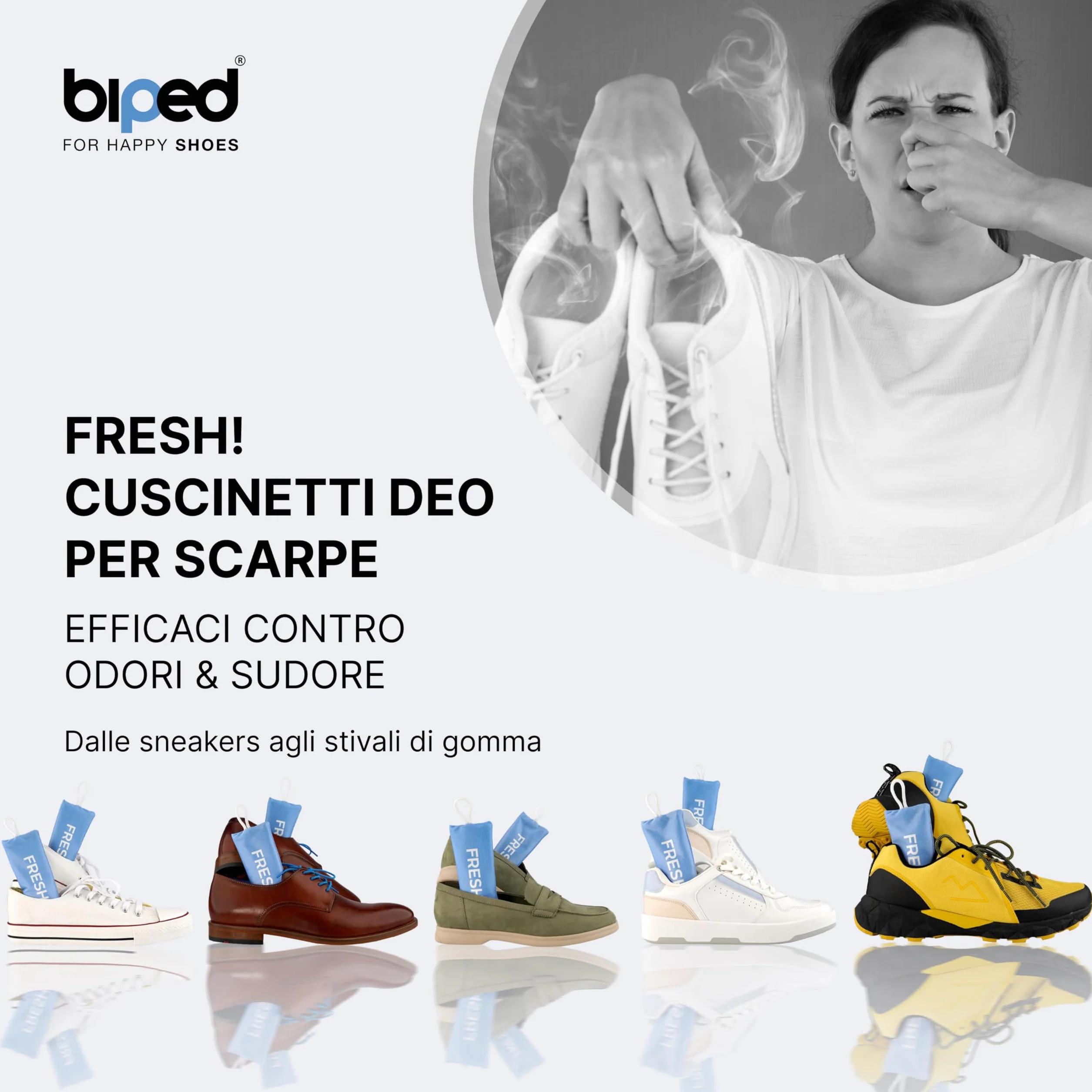 biped FRESH! deodorante premium per scarpe – cuscinetto profumato con carbone di bambù attivo – elimina odori e sudore da sneaker, calzature sportive e borse da palestra (4 pezzi)