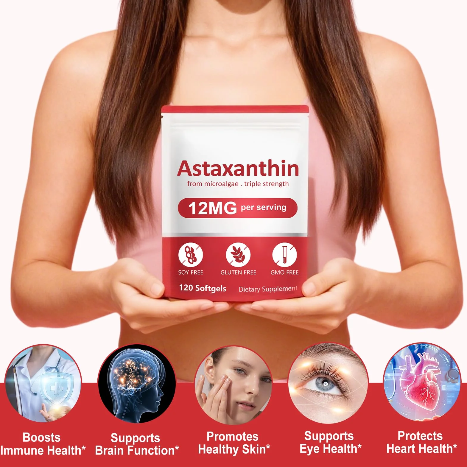 Astaxantina 12 mg 120 Softgel Integratore Antiossidante Tripla Forza Microalghe Fresche