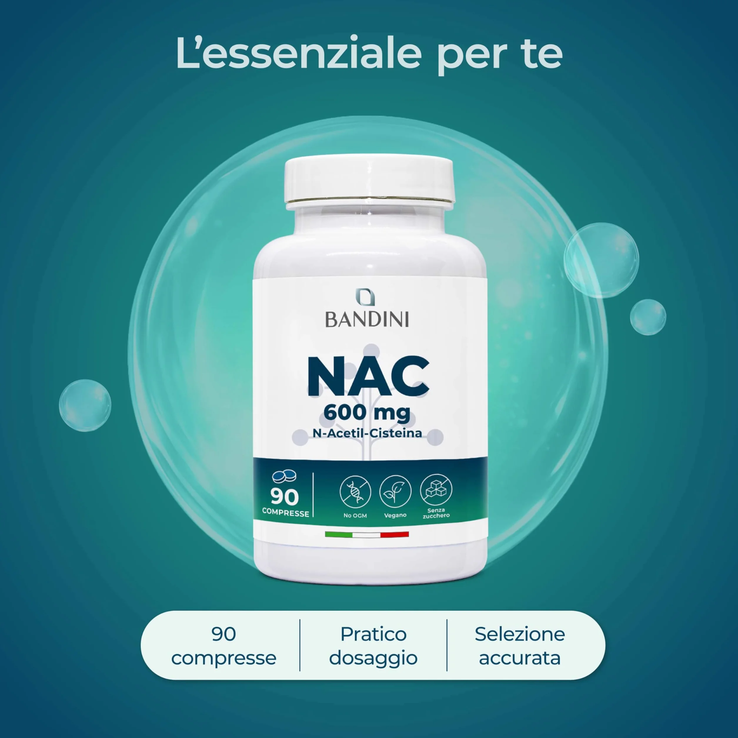 Bandini NAC N-Acetil-Cisteina 600mg 90 Compresse integratore sostiene difese immunitarie precursore glutatione vegano