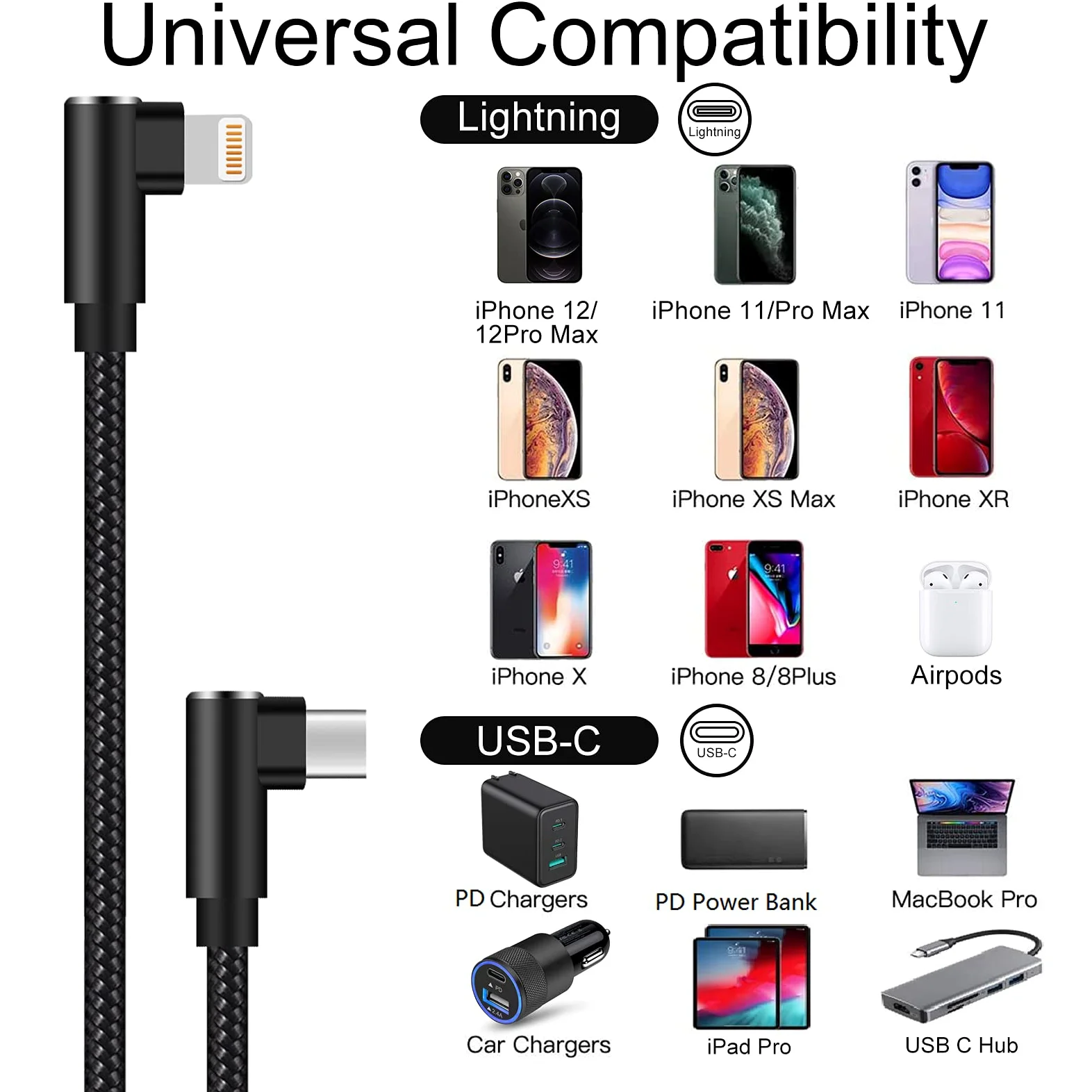 Cavo da USB C a Lightning da 0,3 m, confezione da 3 pezzi, certificato MFi, ad angolo retto, per iPhone 13, 12, 11, Pro, X, XS, XR, 8 Plus, 7, 6, 5 (nero)