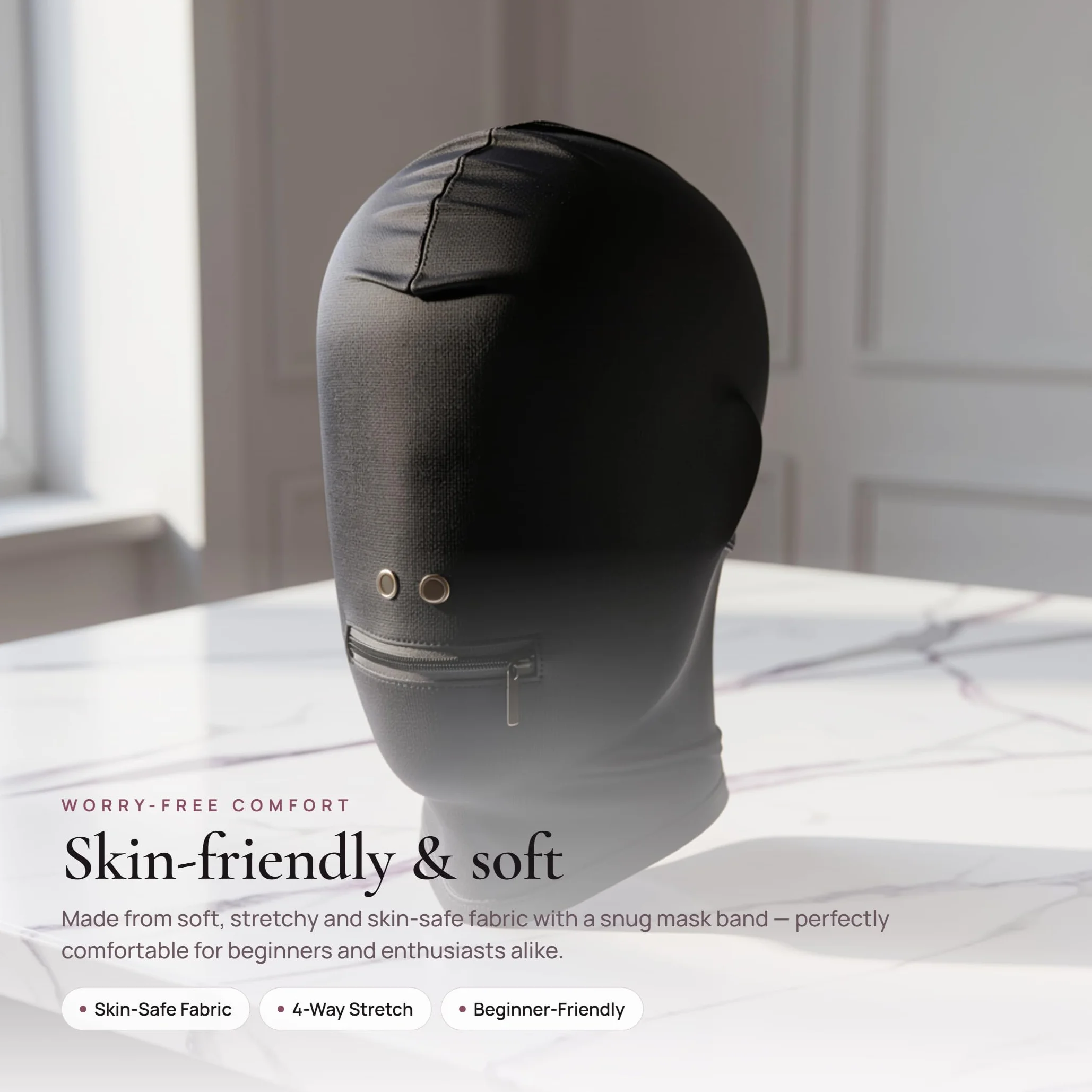 FOPS Maschera Fetish BDSM Nera con Apribocca a Zip per Coppie - Accessorio Erotico SM Bondage Materiale Elastico