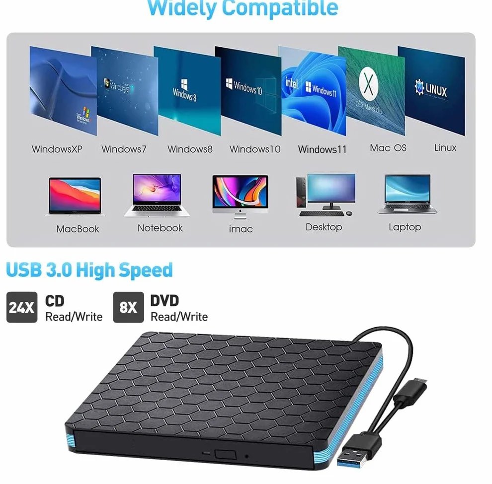 Masterizzatore DVD Esterno, Lettore CD Esterno per PC Portatile Unità Esterna USB 3.0 DVD-R CD-RW Drive Dispositivo Ultra Slim Per Laptop Windows 98/ME/ 2000/XP/Vista/7/8/10/11 Mac Linux