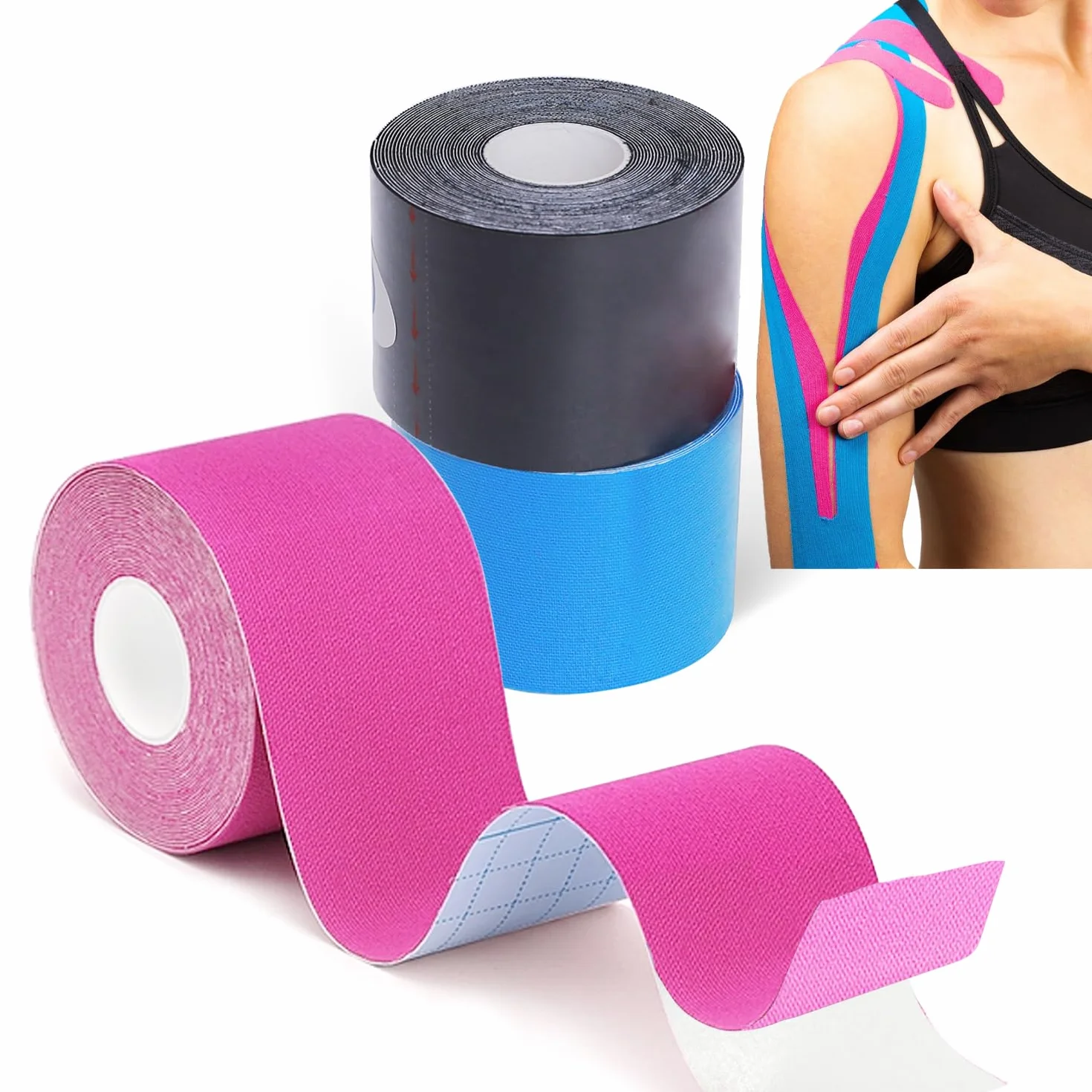 Kinesio Tape 3 Rotoli 5m x 5cm Impermeabile Elastico Nero+Blu+Rosa