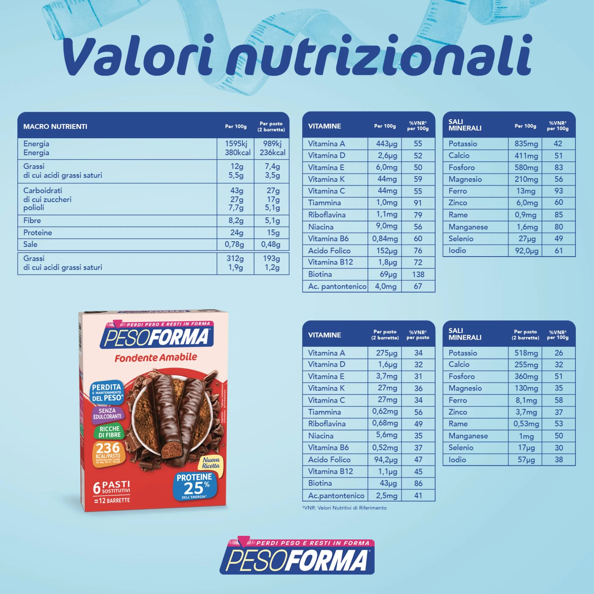 Pesoforma Barrette Cioccolato Fondente Amabile 236 Kcal Pasti sostitutivi dimagranti Ricco in proteine 6 pasti