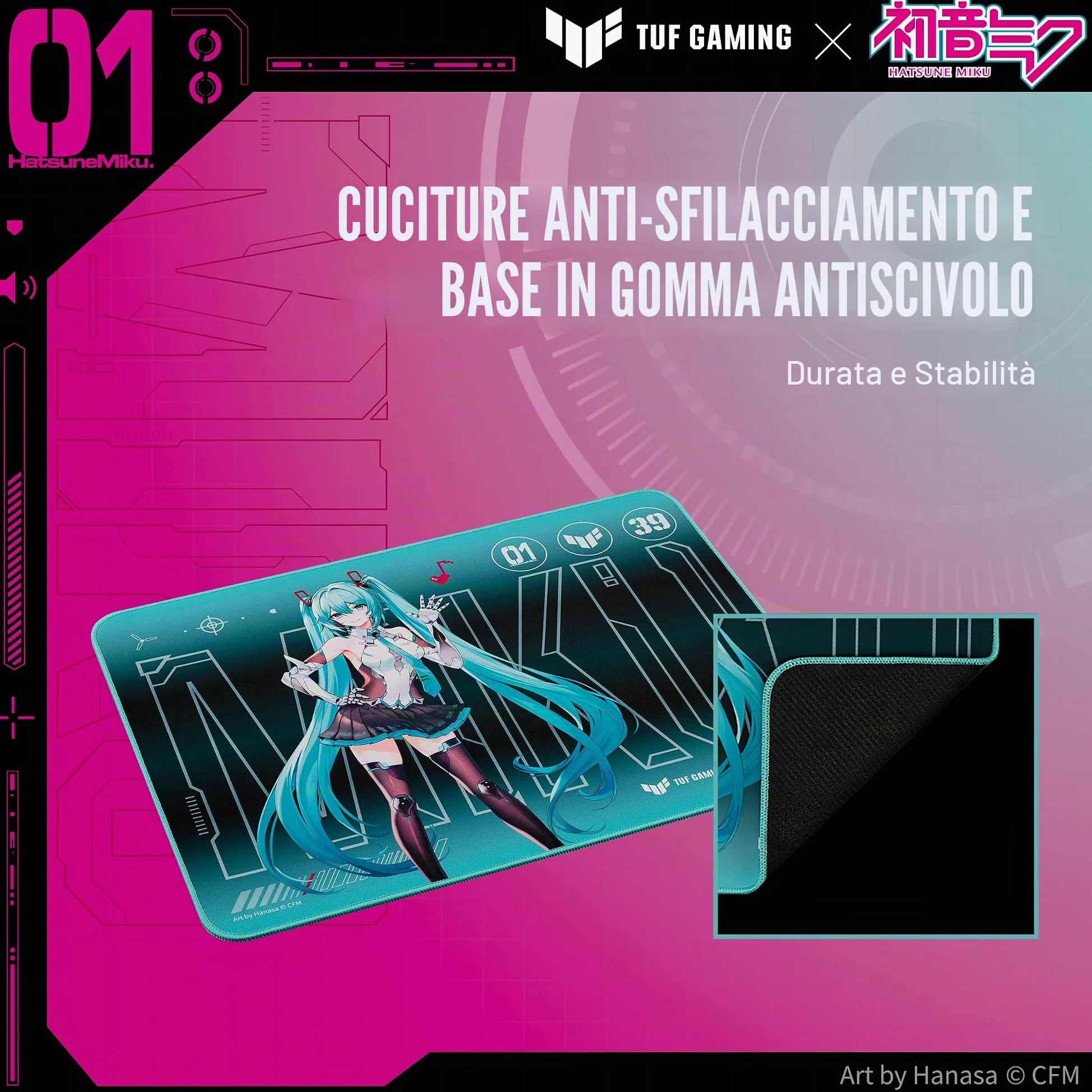 ASUS TUF Gaming P1 Hatsune Miku Edition Tappetino per mouse portatile da gaming, 25,4 x 20,3 cm (medio), rivestimento protettivo, impermeabile, cuciture resistenti agli UV, base in gomma antiscivolo