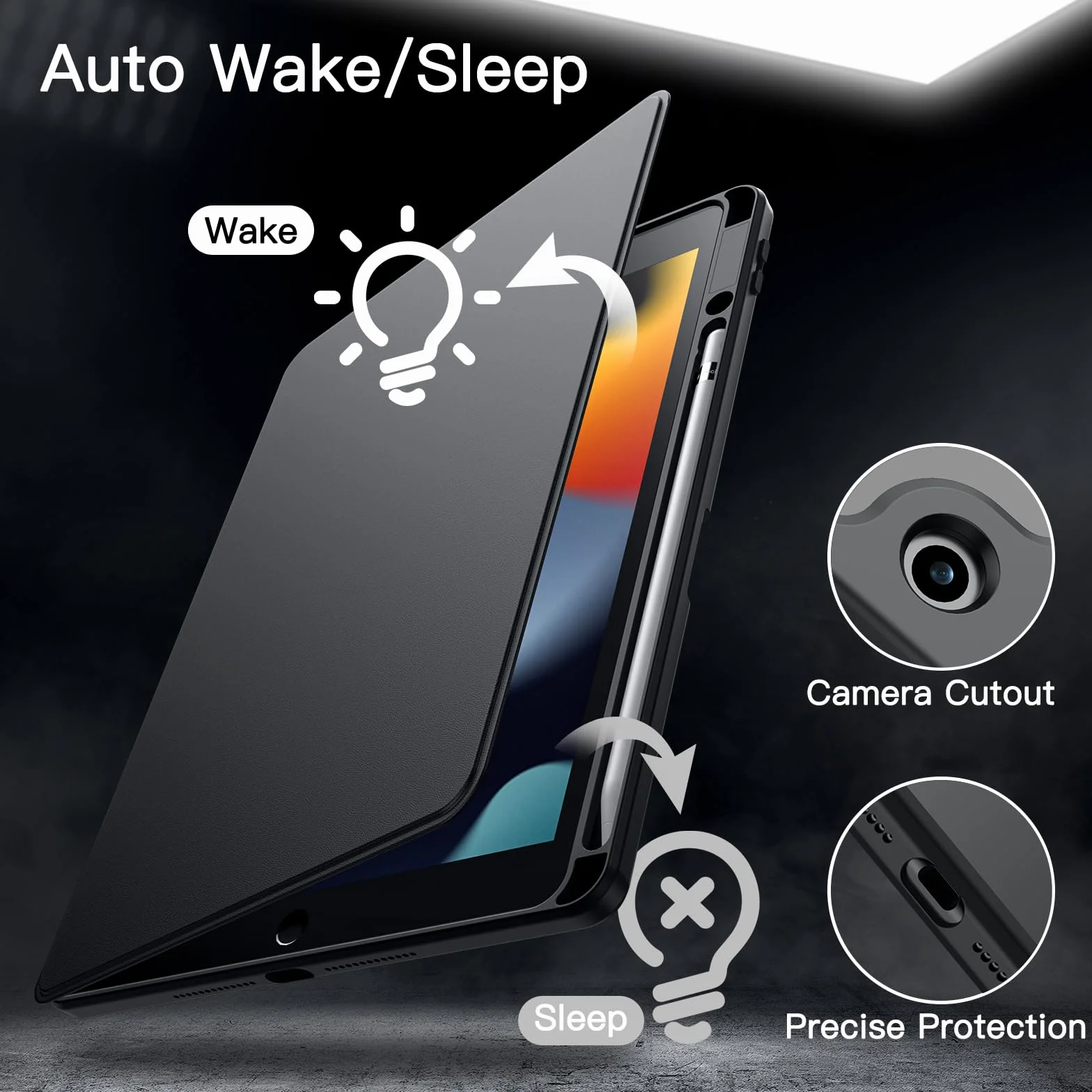 JETech Rotante Custodia per iPad 9/8/7 10,2 Pollici 2021/2020/2019 con Portapenne 360 Gradi Rotazione Cover Nero