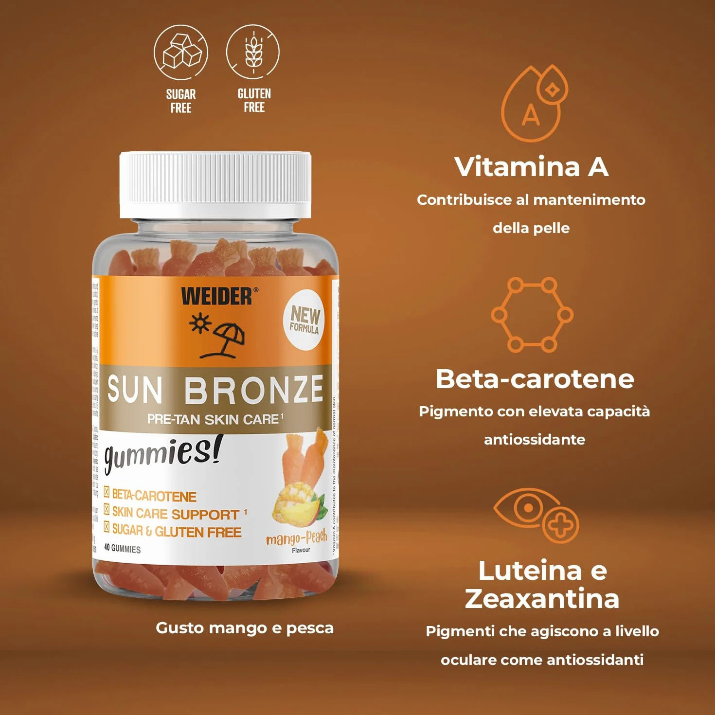 Weider Sun Bronze Gummies 40 caramelle gommose beta-carotene luteina zeaxantina abbronzatura protezione pelle senza zucchero