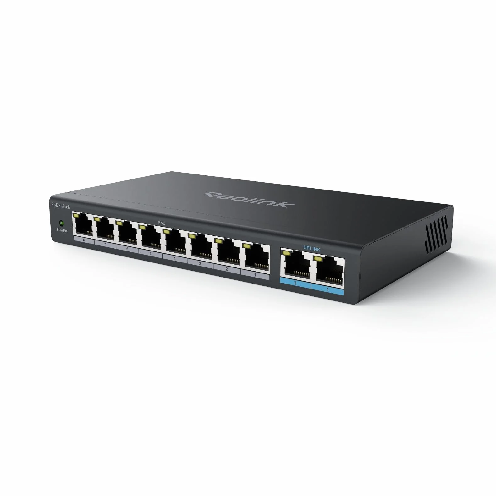 Reolink Switch PoE con 8 Porte PoE, 2 Porte Uplink Gigabit, Fino a 120 W Totali per Porte PoE, IEEE 802.3af/at, Ideale per NVR e Telecamere Ethernet, Design Senza Ventola, RLA-PS1