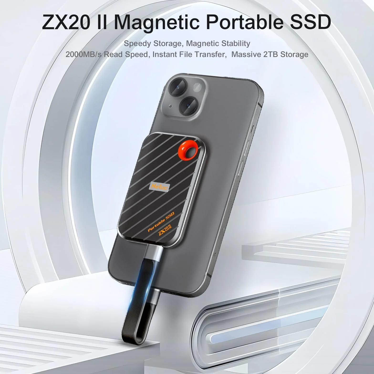 Netac ZX20 II 1TB Portable SSD da 1TB NVMe SSD External Hard Drive USB 3.2-C, velocità di lettura fino a 2000MB/s, unità esterne a stato solido (design magnetico, resistente agli urti e alle cadute)