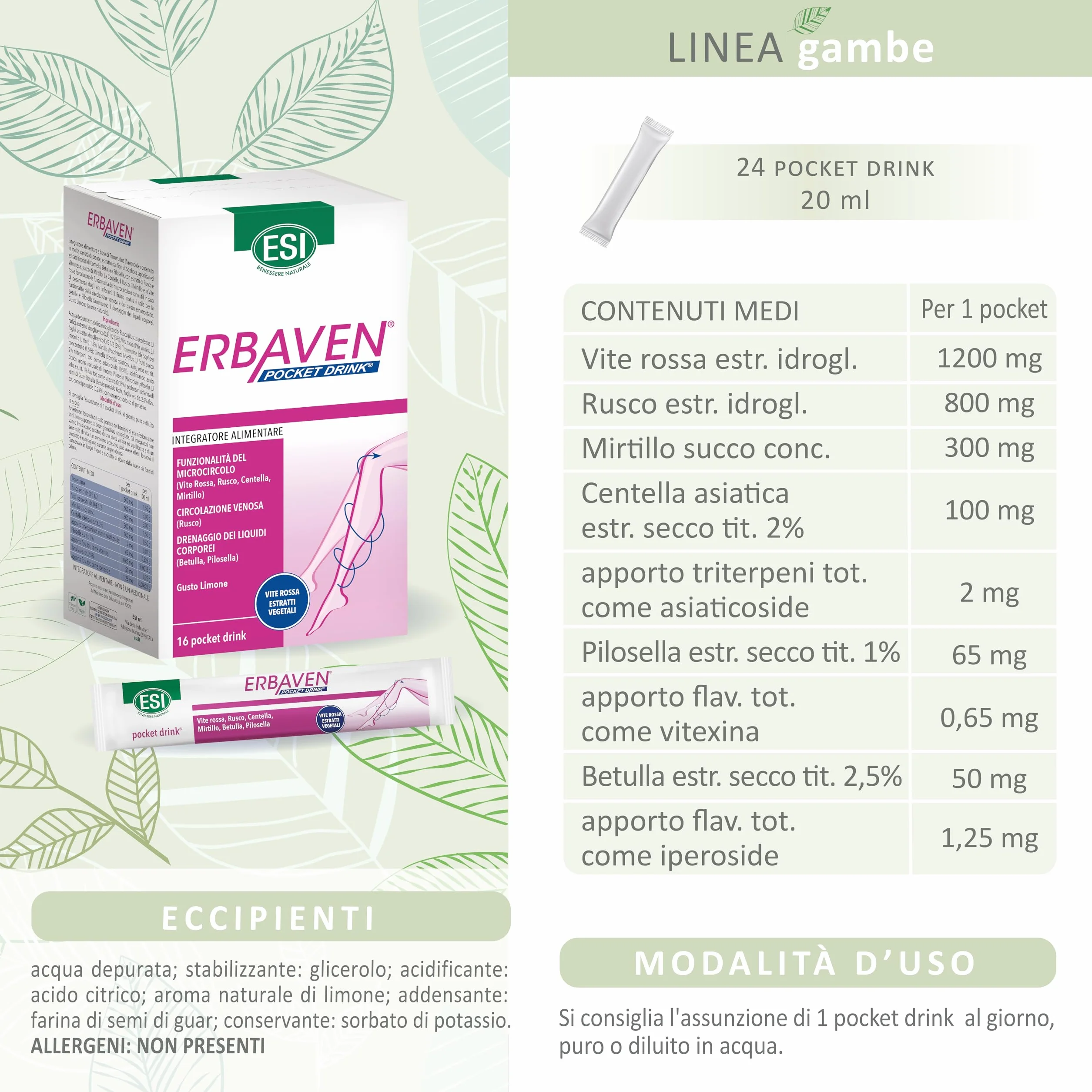 ESI Erbaven Integratore Alimentare Vite Rossa Centella Asiatica Betulla Microcircolo Drenaggio Liquidi Gusto Limone Senza Glutine Vegano 16 Pocket Drink
