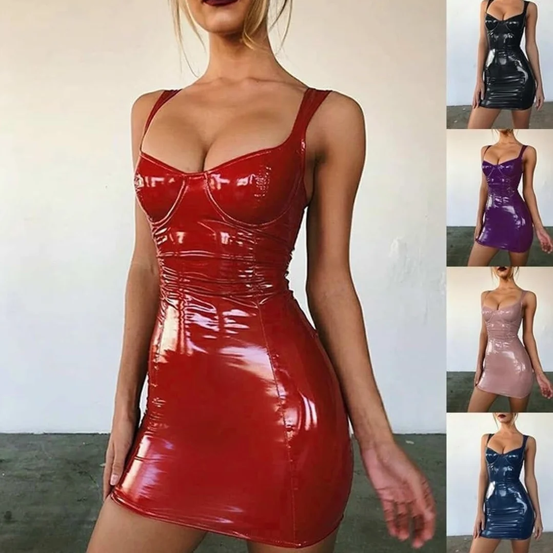 Abito da donna clubwear in pelle PU effetto bagnato spalline scoperte mini