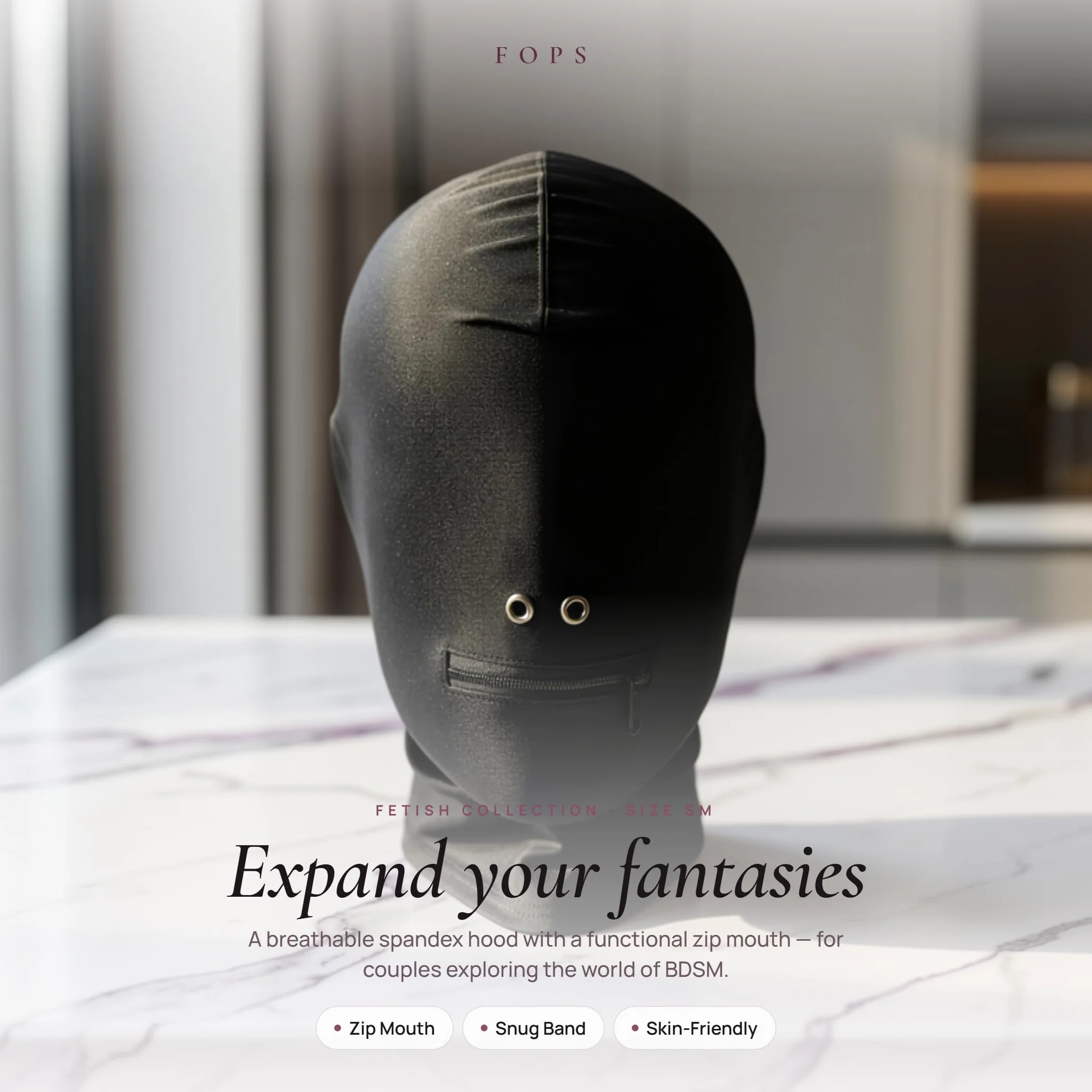 FOPS Maschera Fetish BDSM Nera con Apribocca a Zip per Coppie - Accessorio Erotico SM Bondage Materiale Elastico