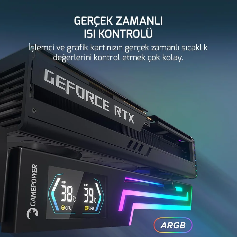 GAMEPOWER Heatsync ARGB - Supporto per scheda grafica LCD con display in tempo reale CPU/GPU, display da 2,64", sincronizzazione ARGB a 3 pin, struttura in metallo, regolabile