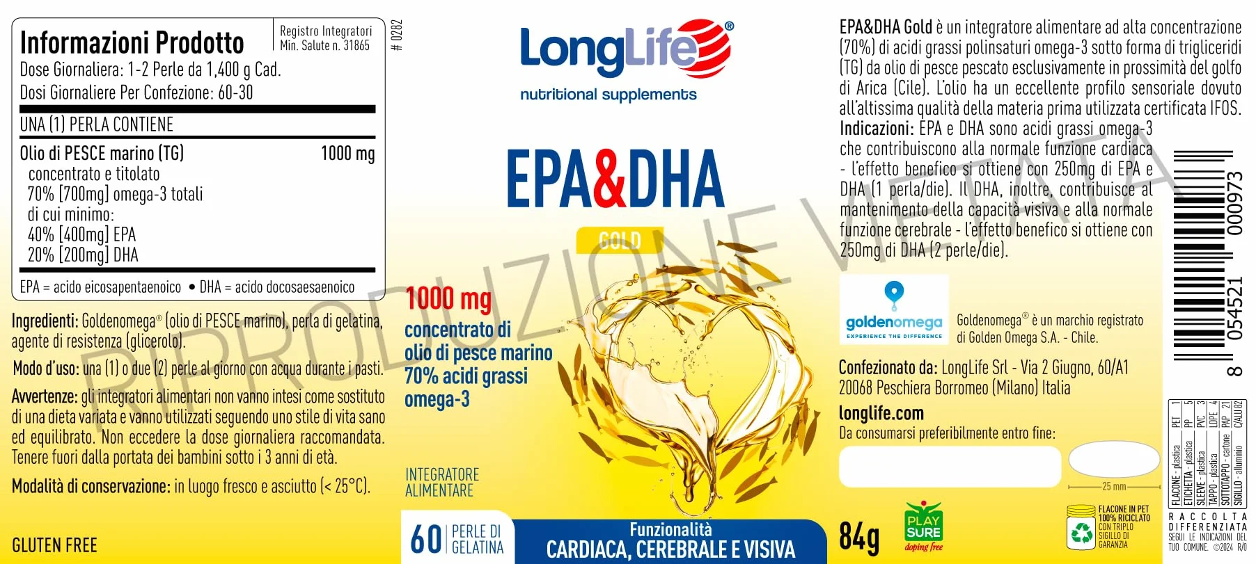 LongLife EPA&DHA Gold Olio di pesce marino Omega-3 70% IFOS Funzione cardiovascolare cerebrale visiva