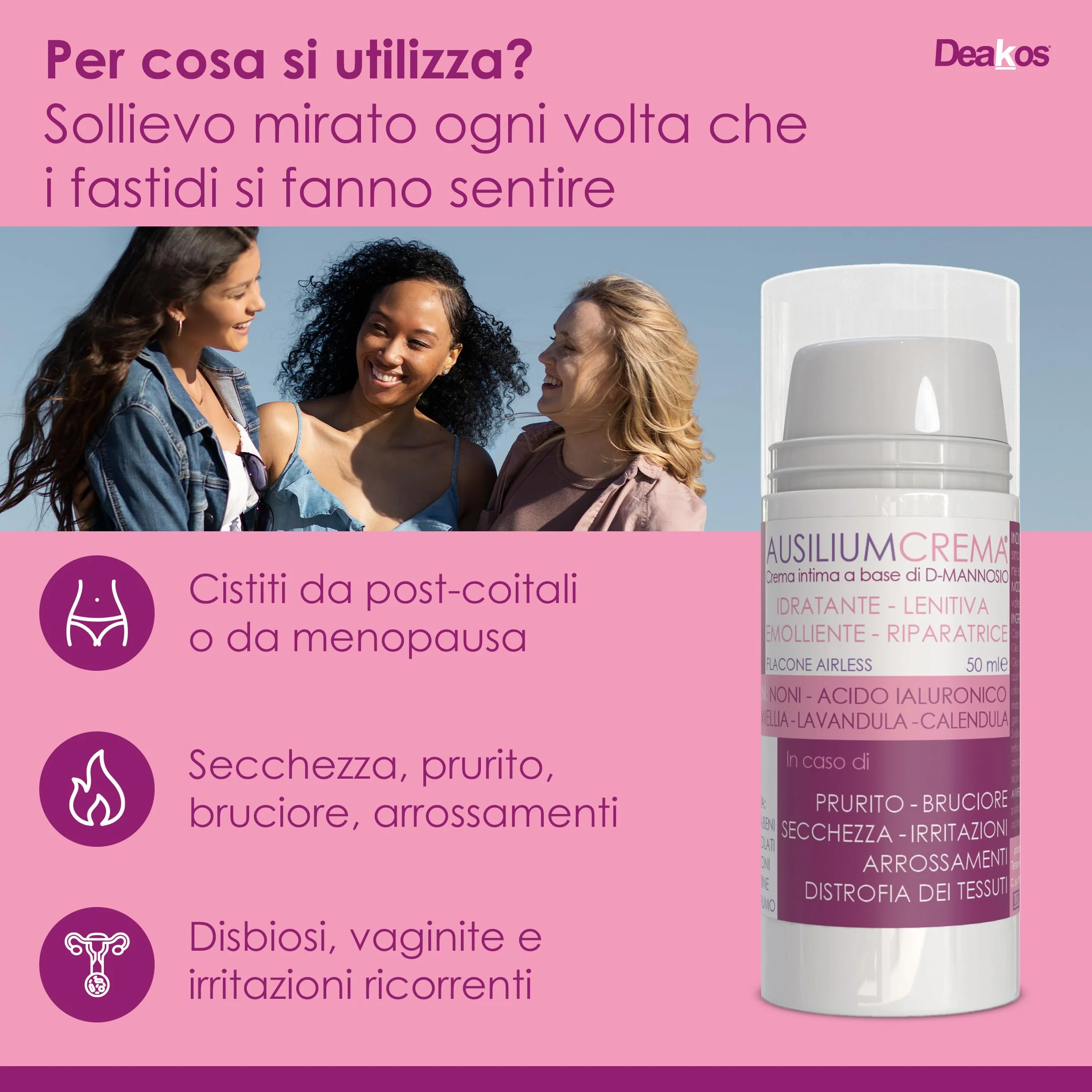 Deakos Ausilium Crema 50ml - Crema per Cistite e Benessere Intimo - Con D-Mannosio e Acido Ialuronico