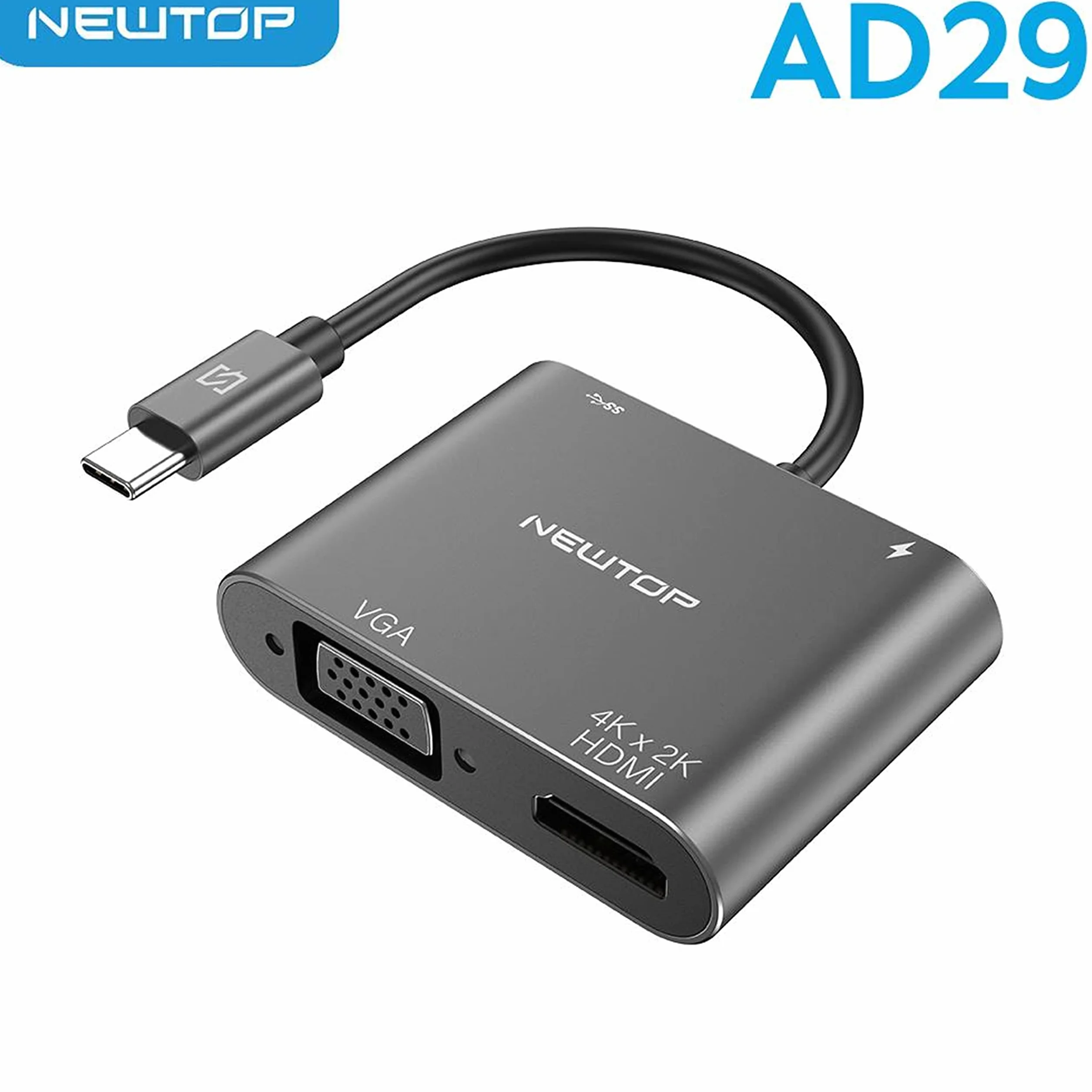 N NEWTOP Adattatore 4in1 HUB AD29 da Type-C Maschio a Femmina USB C HDMI 4K HD 2K VGA USB 3.0 Cavo Carica PD OTG Convertitore Video Audio Dati per Notebook Smartphone Console Laptop