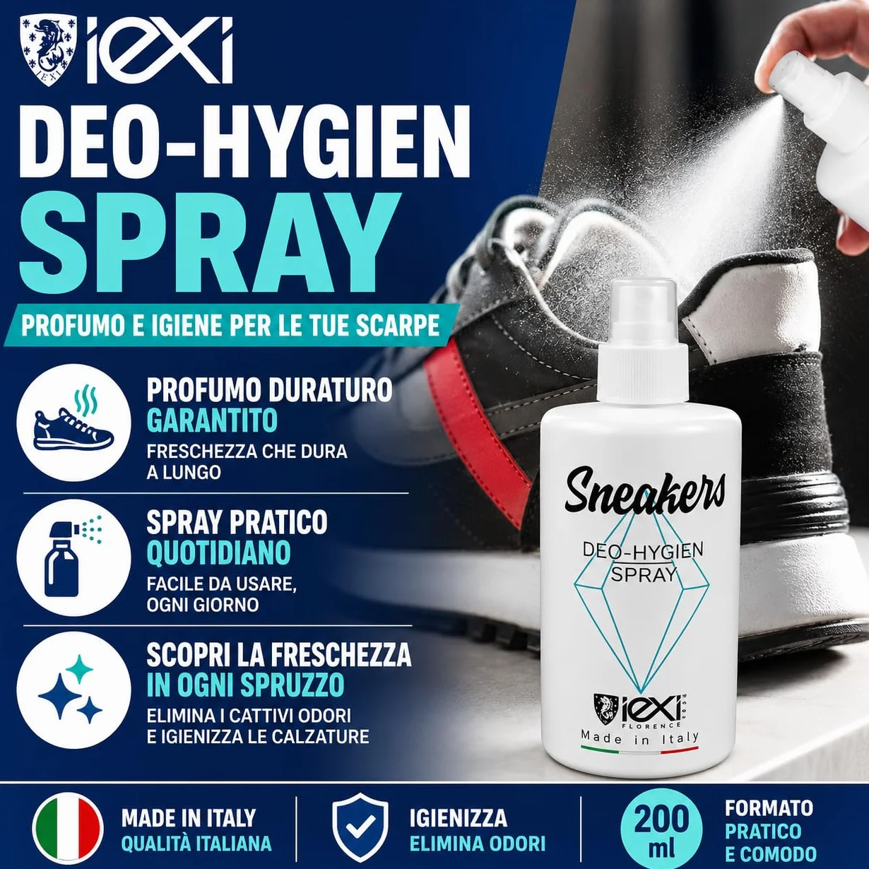 IEXI Deodorante Professionale per Scarpe Spray Elimina Odori 200 ml Made in Italy Igienizzante Calzature