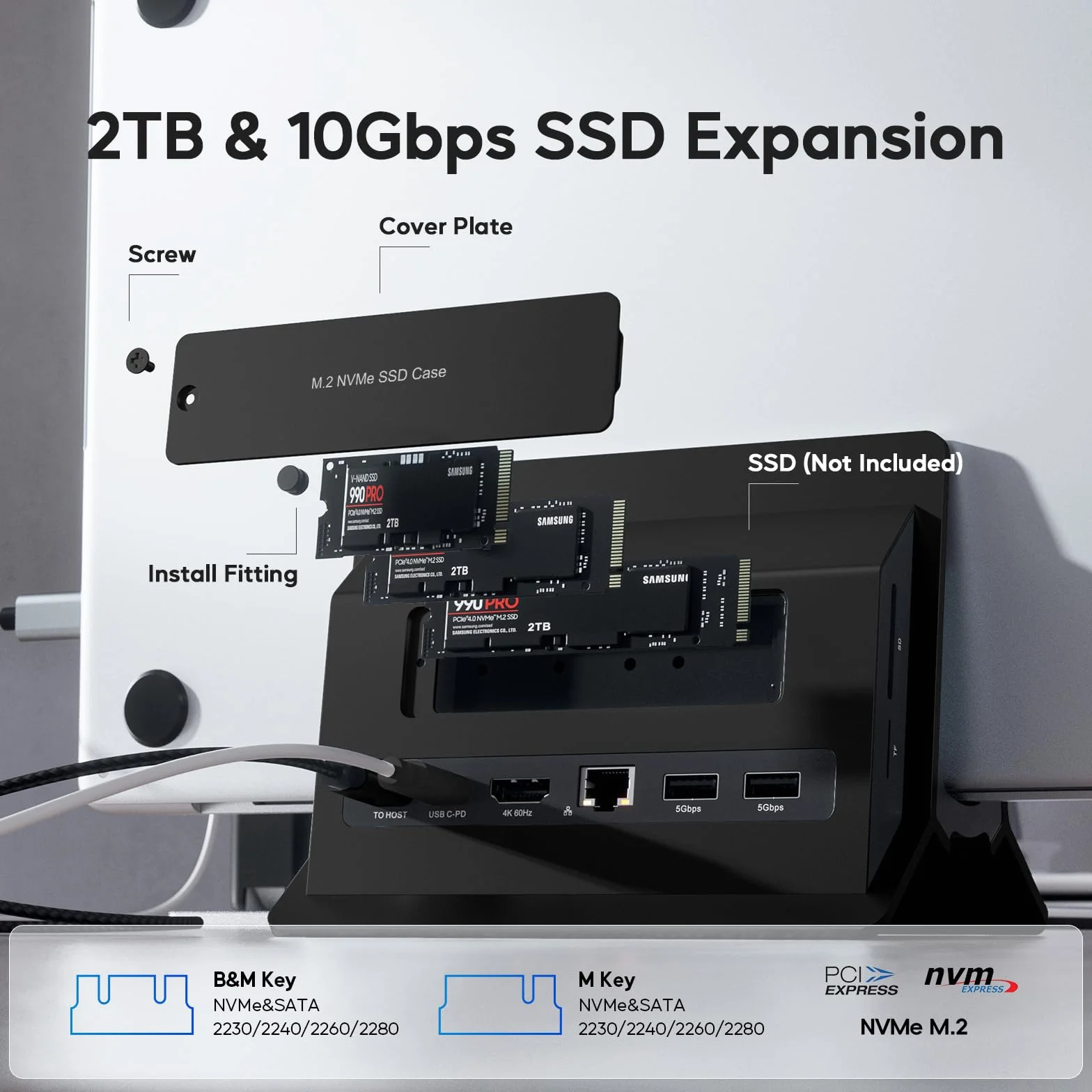 Verticale Docking Station, USB C Macbook Docking Station con M.2 NVMe SSD custodia(SSD non incluso), 4K e 60Hz, 2 porte USB C10 Gbit/s, Supporto Macbook Dock per laptop, Mac, Mac Min, Nero