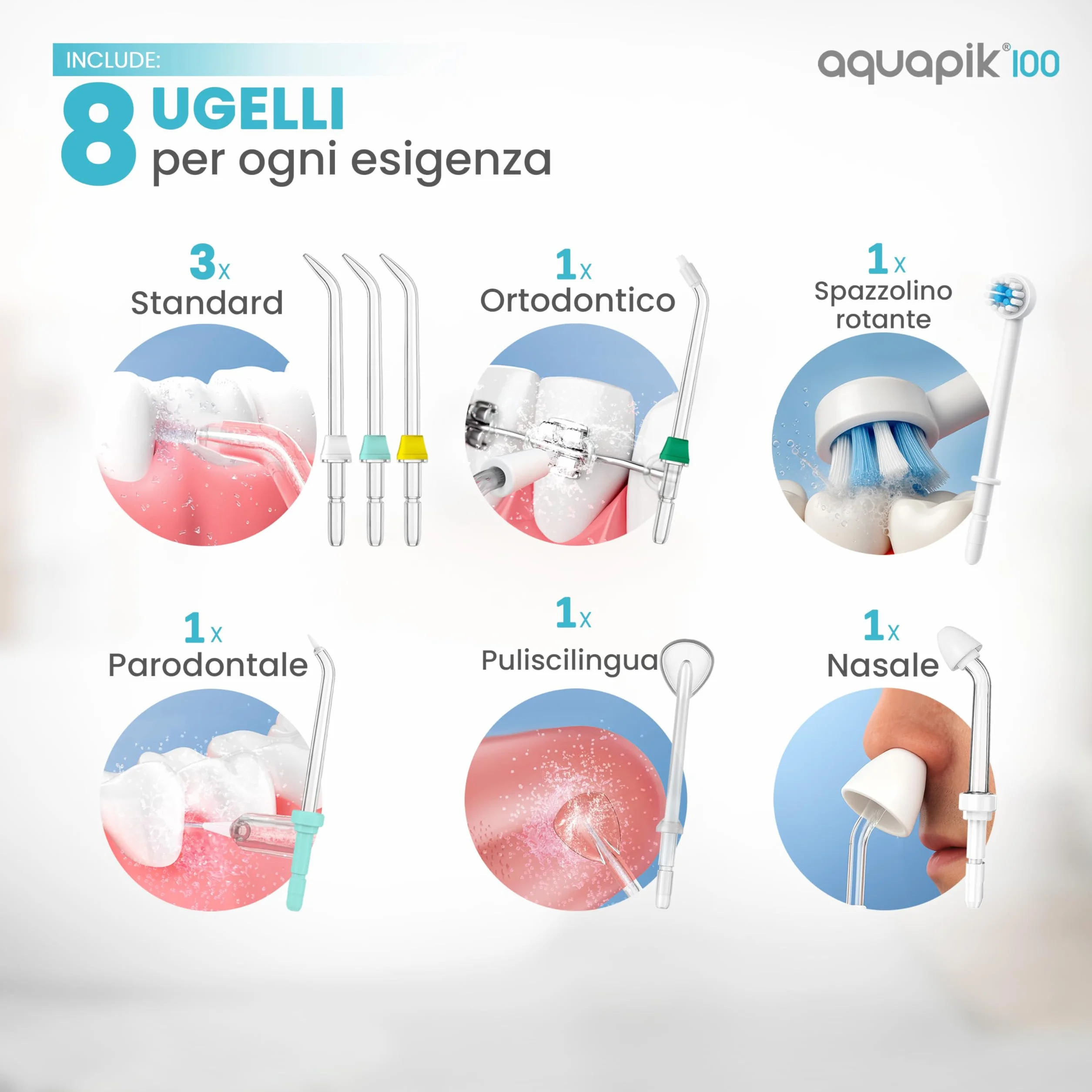 Aquapik 100 Idropulsore Dentale Professionale Irrigatore Orale 8 Ugelli Multifunzione 10 Impostazioni Pressione Serbatoio 600 ml Pulizia Interdentale Bianco
