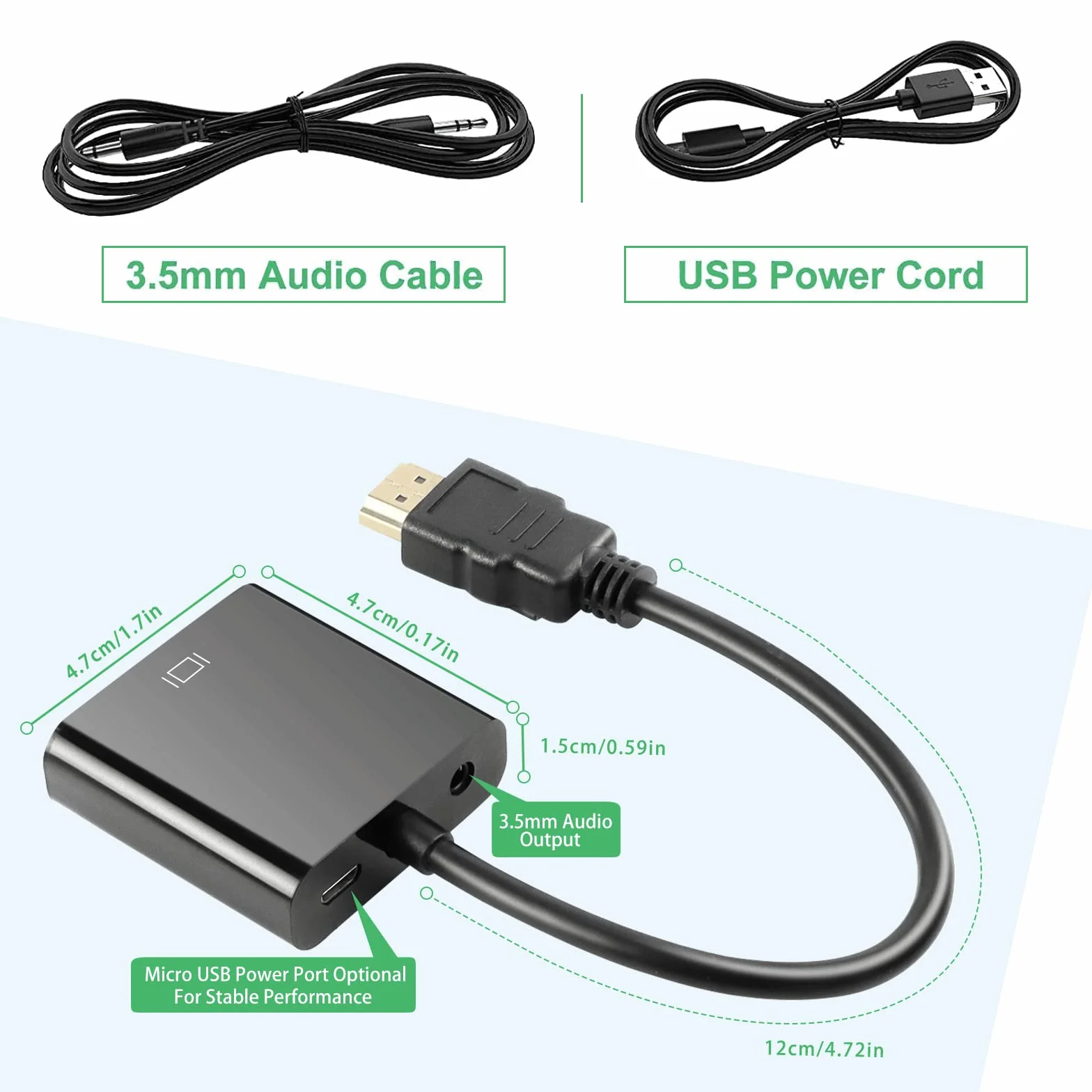 Adattatore HDMI a VGA, convertitore HDMI a VGA (Maschio a Femmina) 1080P HDTV con Cavo Audio e Cavo di Ricarica Micro USB per PC, Laptop, Proiettori HDTV, PS4/3 Xbox
