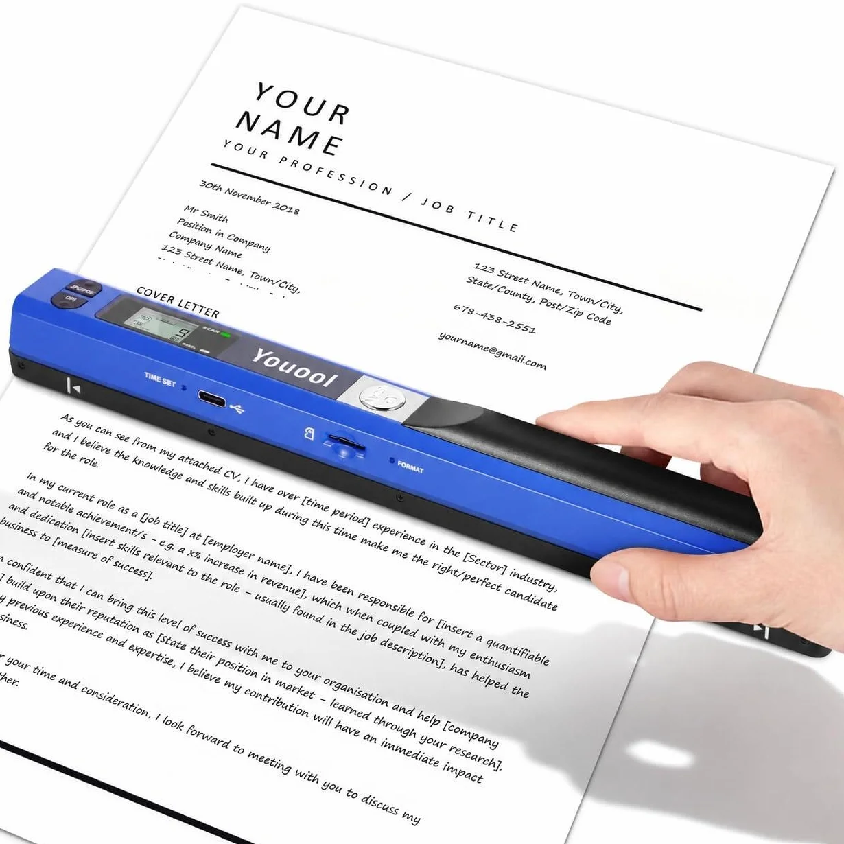 Scanner portatile A4 900 dpi USB a colori per documenti JPG/PDF blu + scheda 16GB