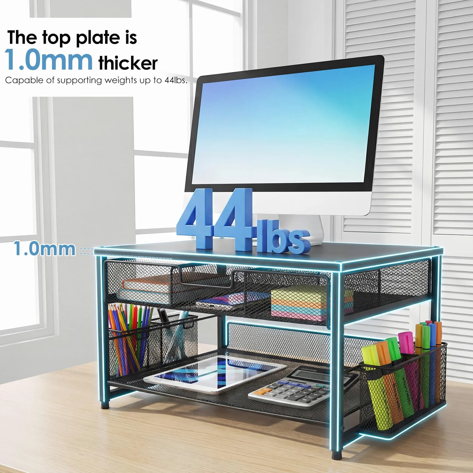 Supporto per monitor, organizer da scrivania in metallo con cassetto e 2 portapenne, rialzo ergonomico per monitor per stampante, laptop e ufficio, espositore a 2 livelli (nero)