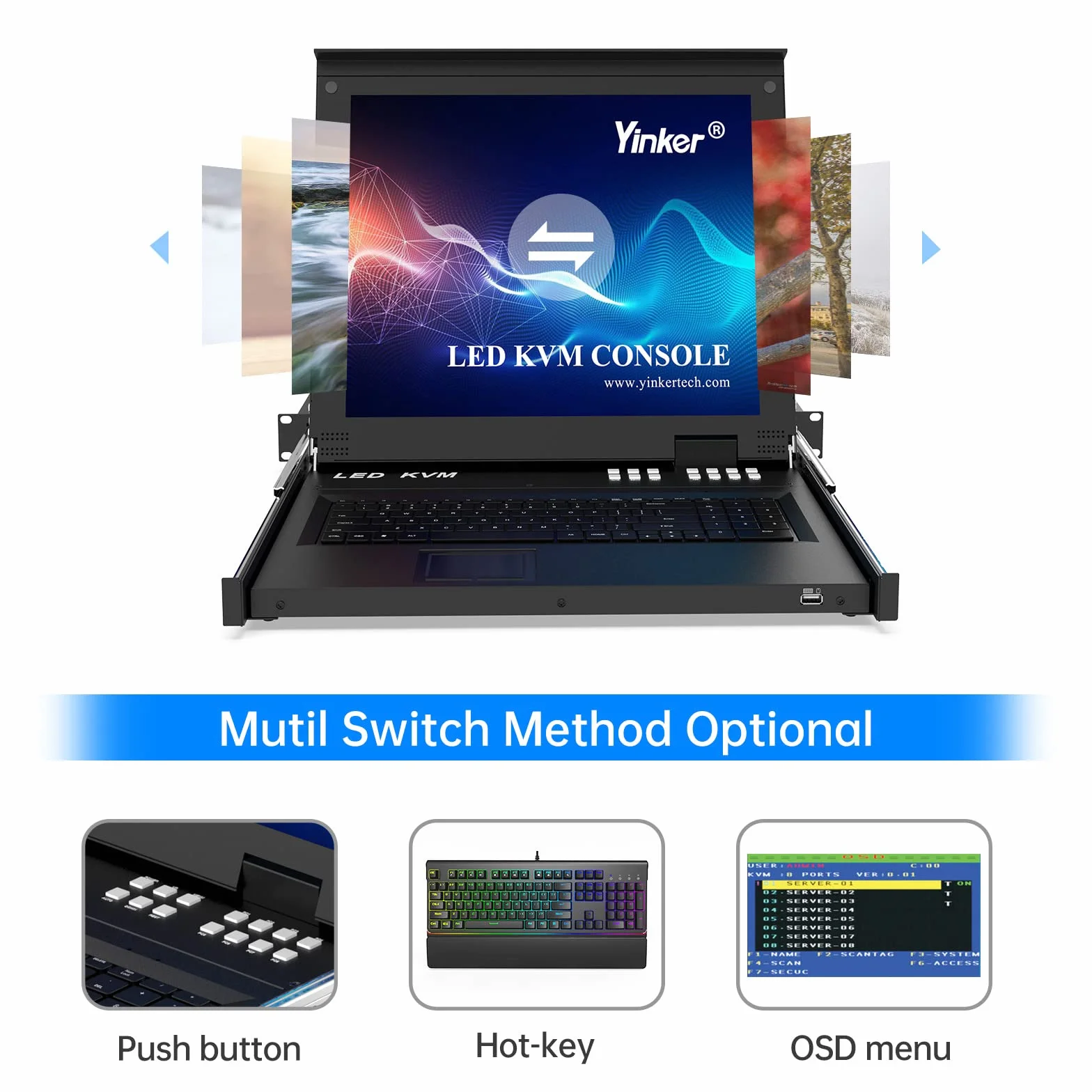 17” LCD KVM Console 8 porte VGA Rackmount KVM Switch 8 porte per 1U 19‘’ Standard-Schrank 600mm-800mm Touchpad Hotkey OSD